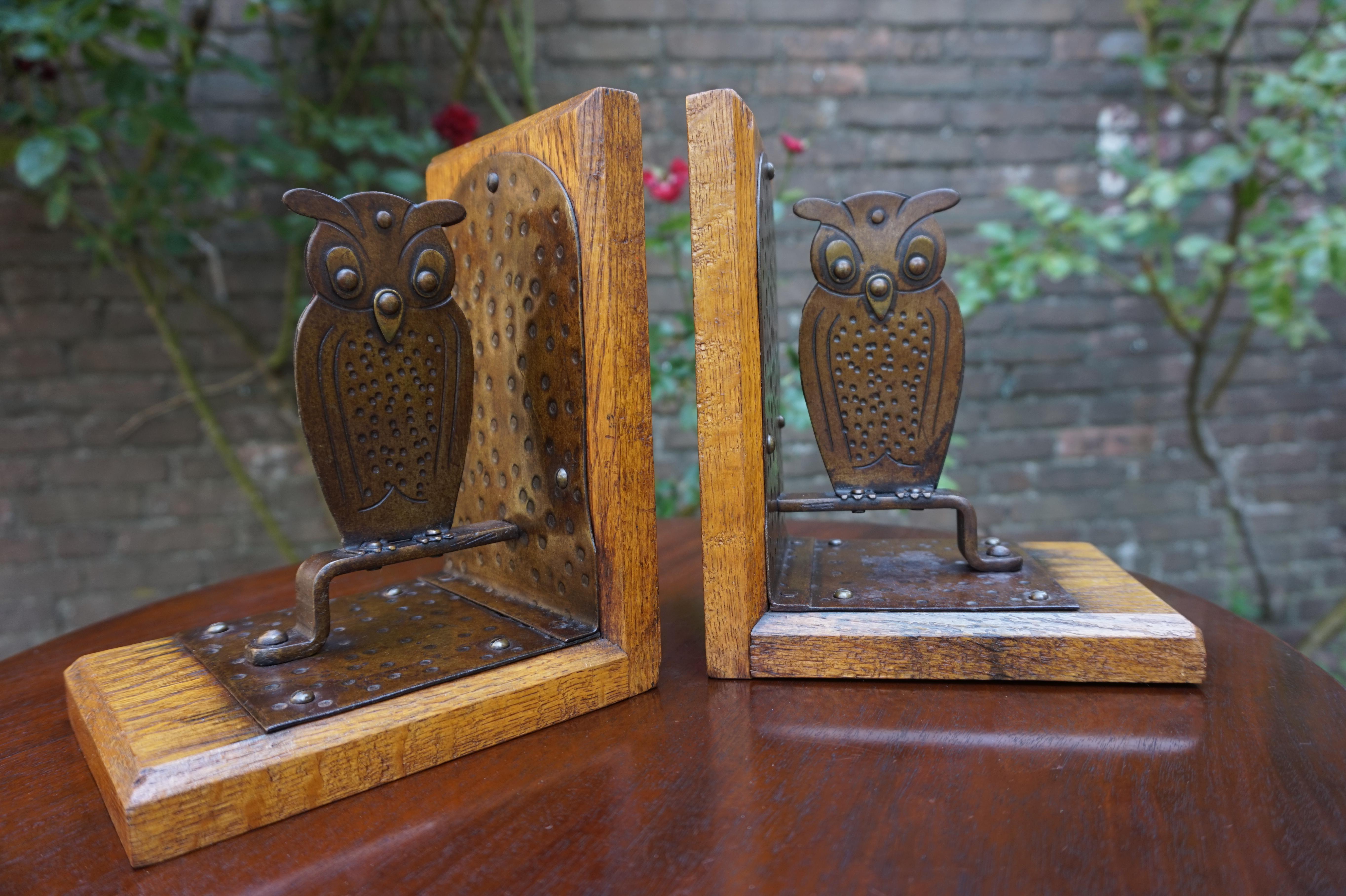 Artistic pair of bookends by famous German metal worker.

These rare and double sided 'Goberg' owl bookends are in very good condition. They have a marvelous patina and because of their relatively low weight, the first owner decided to mount them on