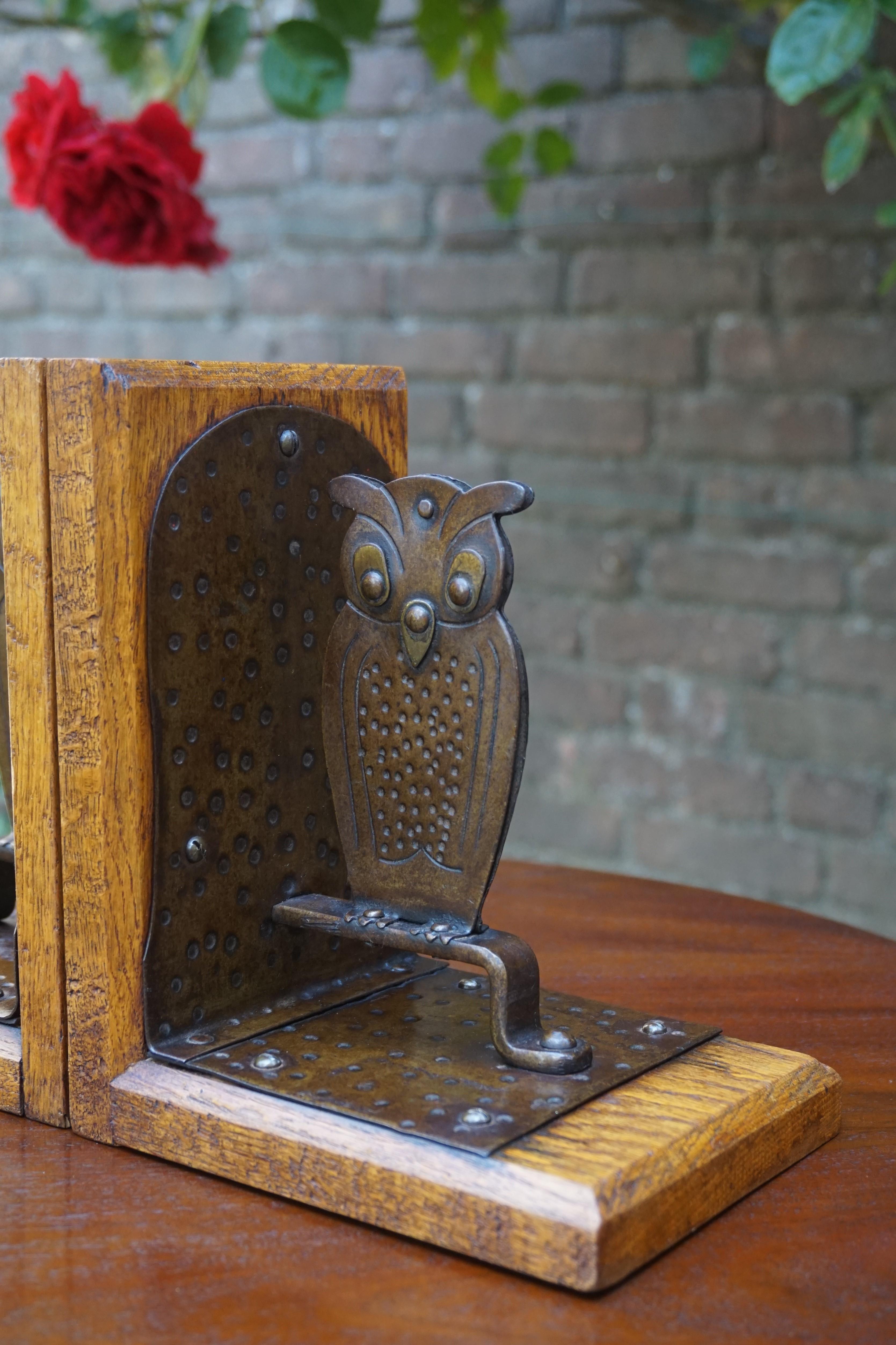 20th Century Pair of Hand Hammered Arts & Crafts Metal Owl Bookends by Goberg, Hugo Berger