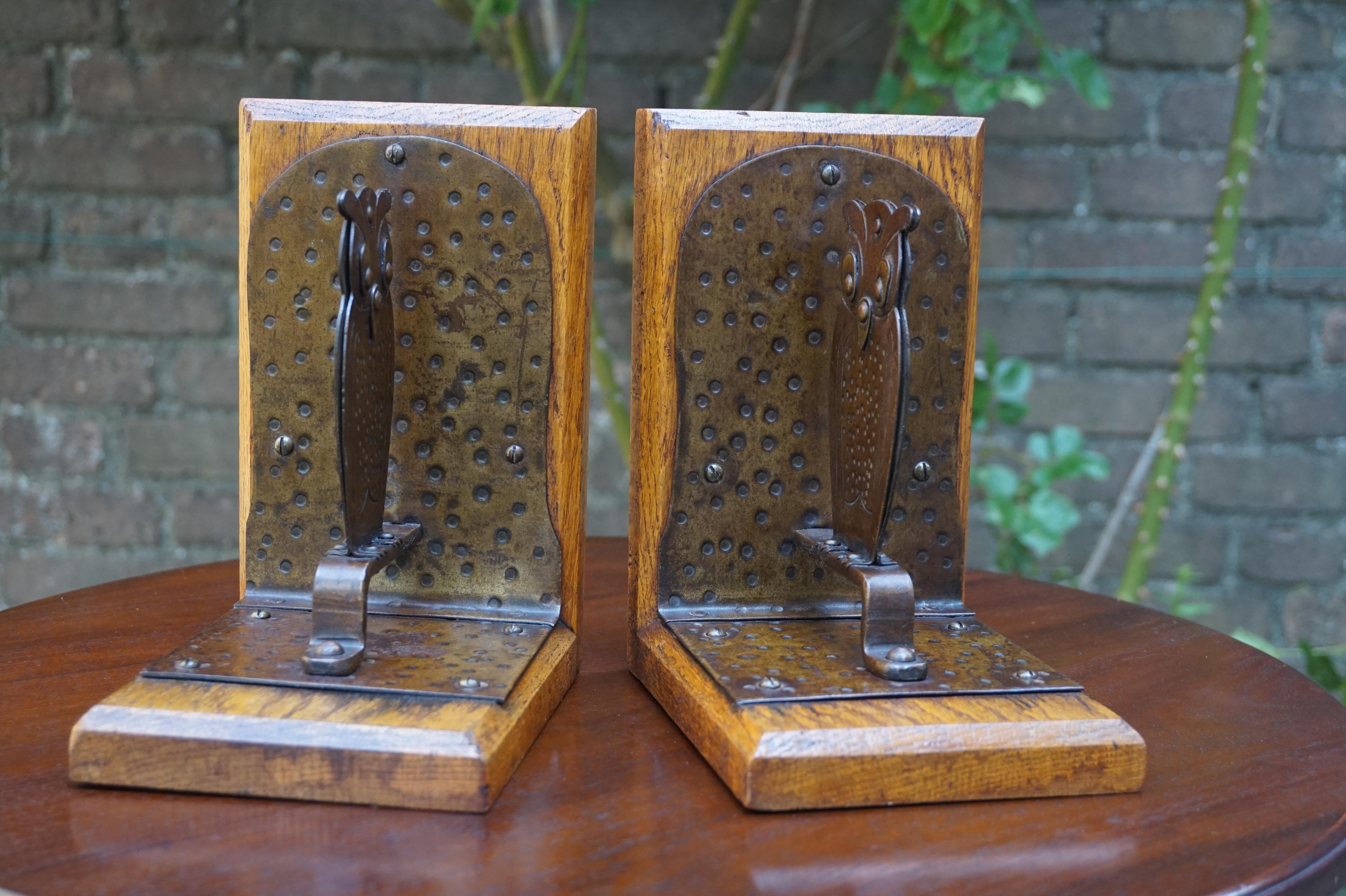 Pair of Hand Hammered Arts & Crafts Metal Owl Bookends by Goberg, Hugo Berger 1