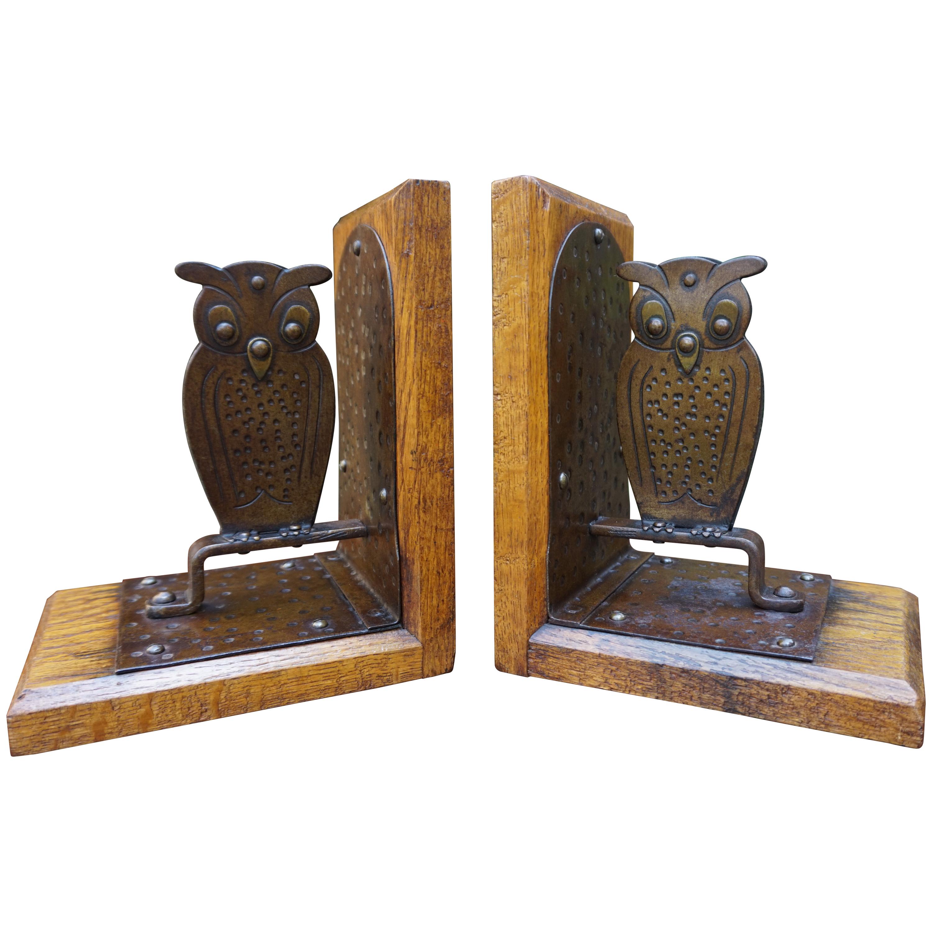 Pair of Hand Hammered Arts & Crafts Metal Owl Bookends by Goberg, Hugo Berger