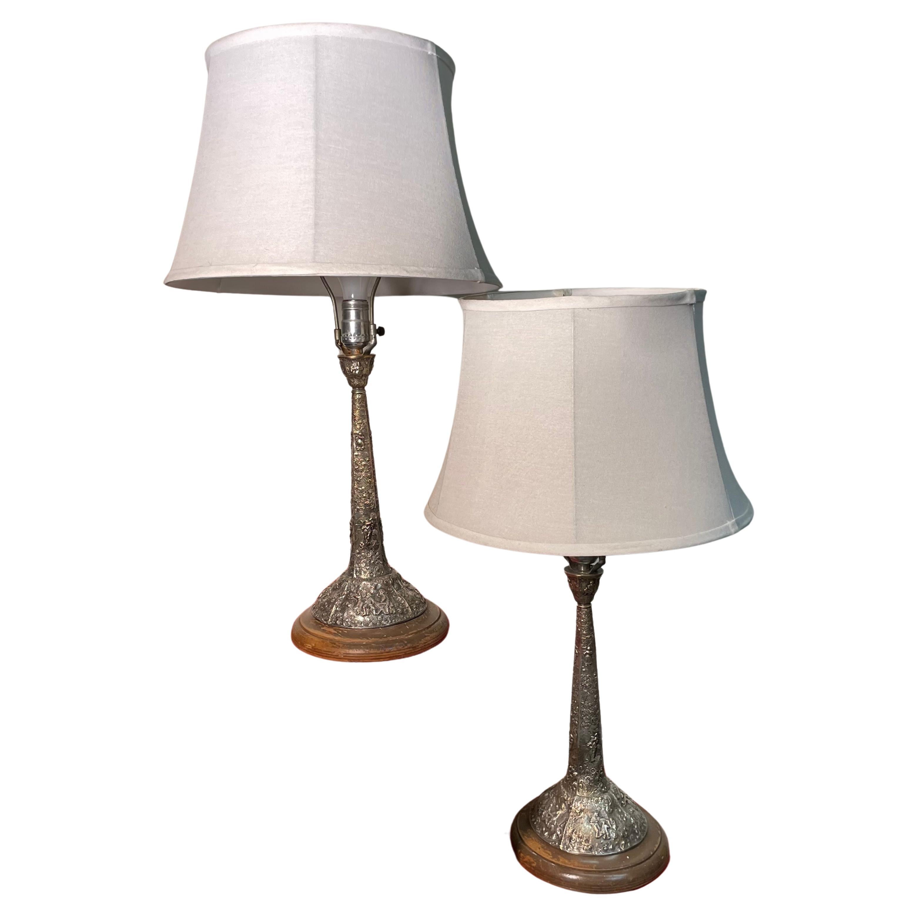 Pair of Hand Hammered Silver Lamps For Sale