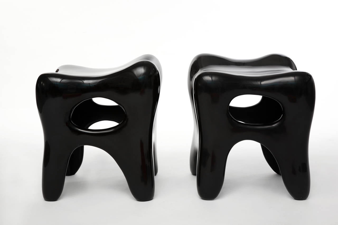Contemporary Pair of Hand-Lacquered Sculpted Stools by Jacques Jarrige, 2006 For Sale