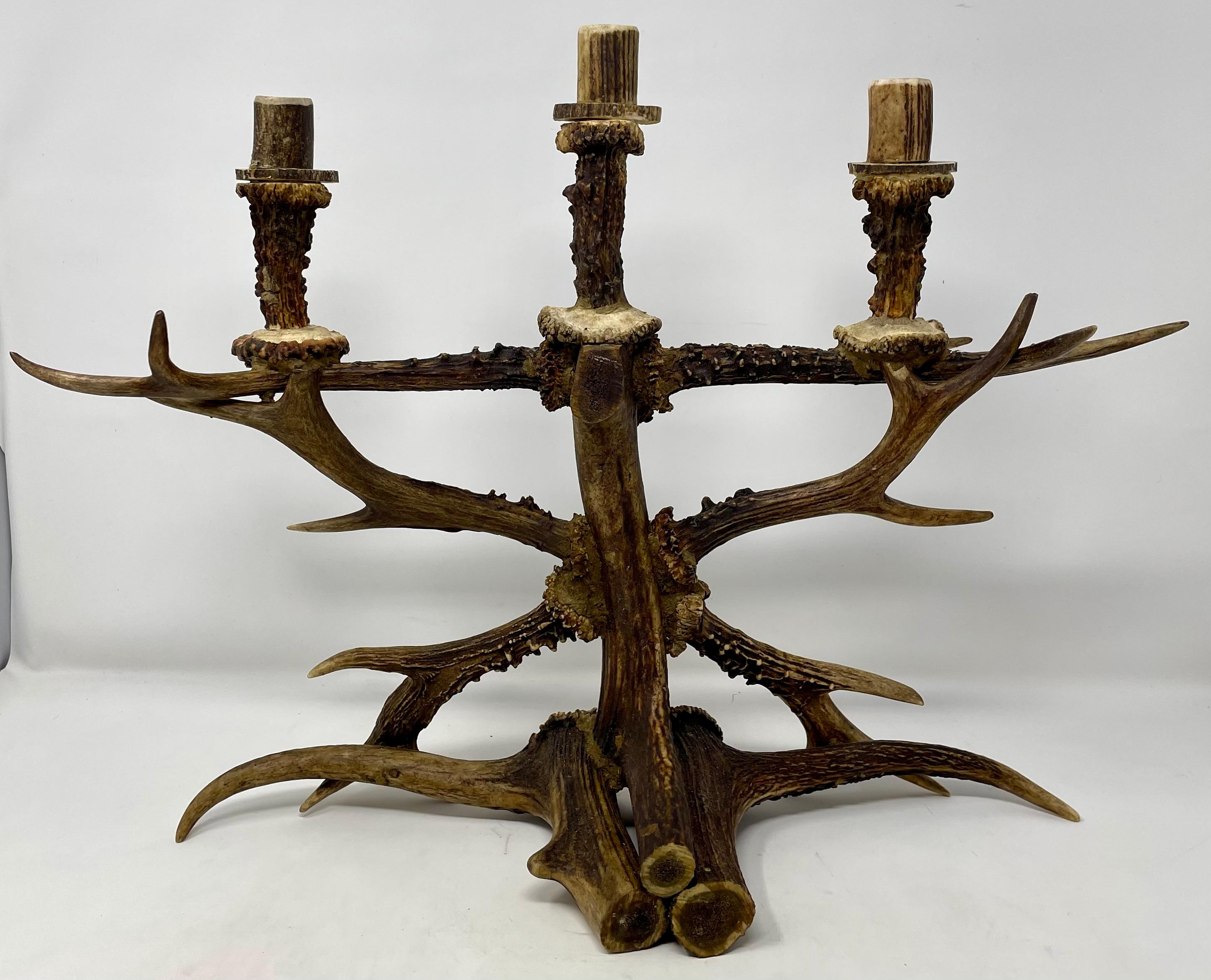 Pair of Hand-Made 3 Cup Antler Candelabra. In Good Condition For Sale In New Orleans, LA