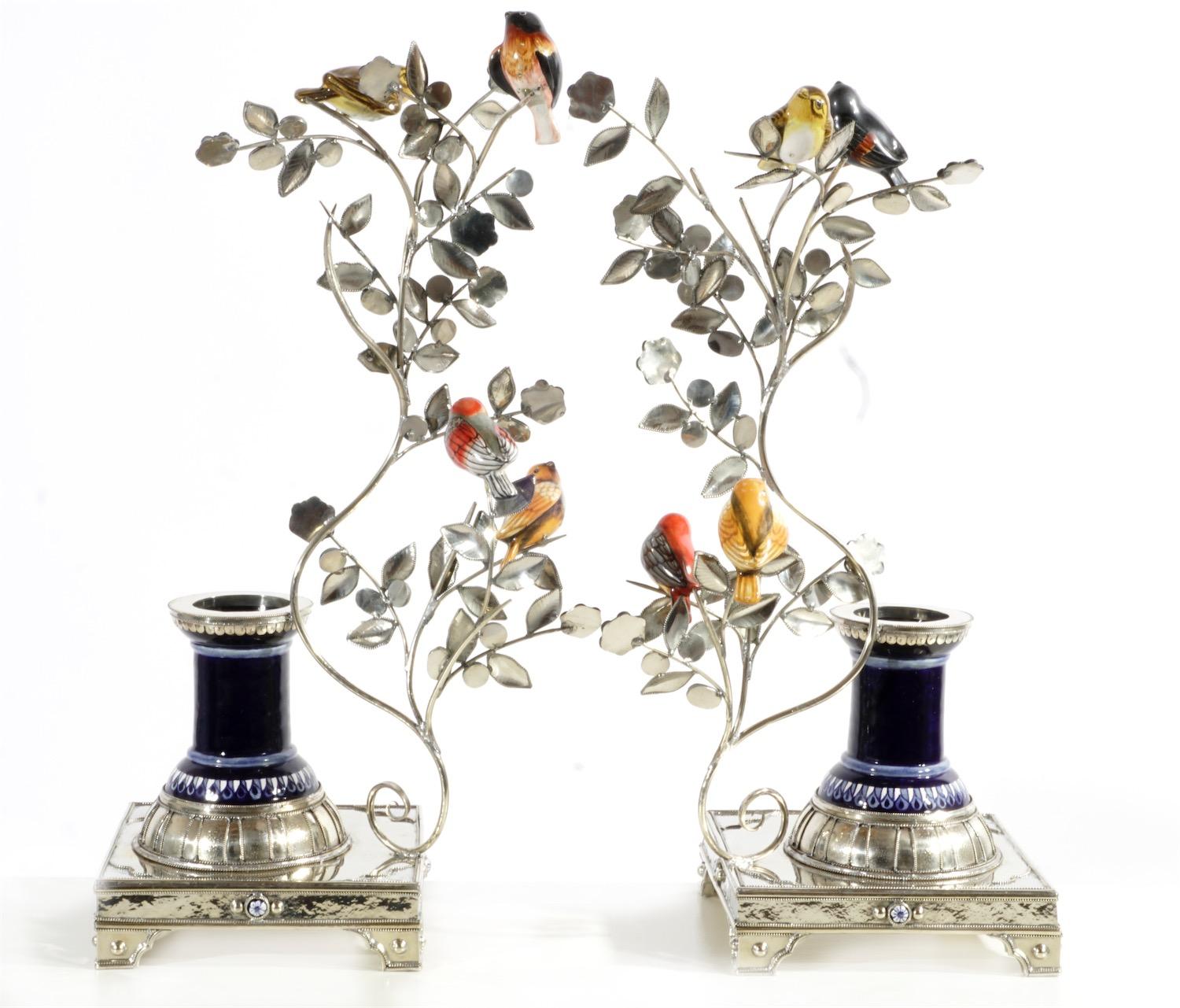 Coppia di candelieri fatti a mano e Ceramica Uccelli e Fiori 1
