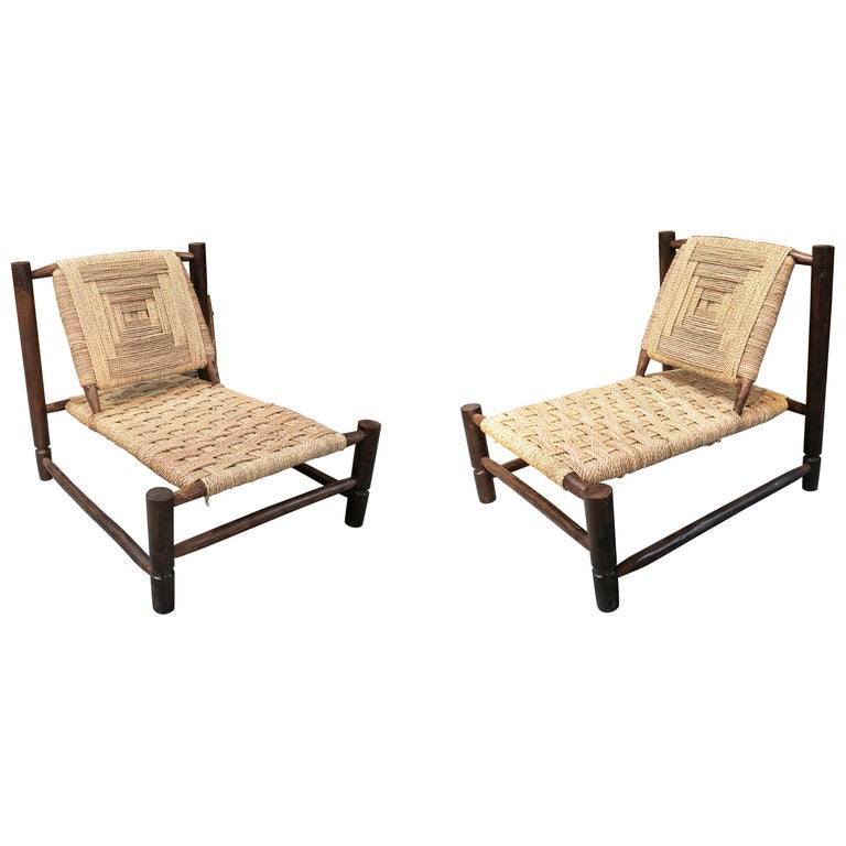 Pair Of Handmade Dark Wooden Sofa Chairs With String Rope Back And Seat At 1stdibs