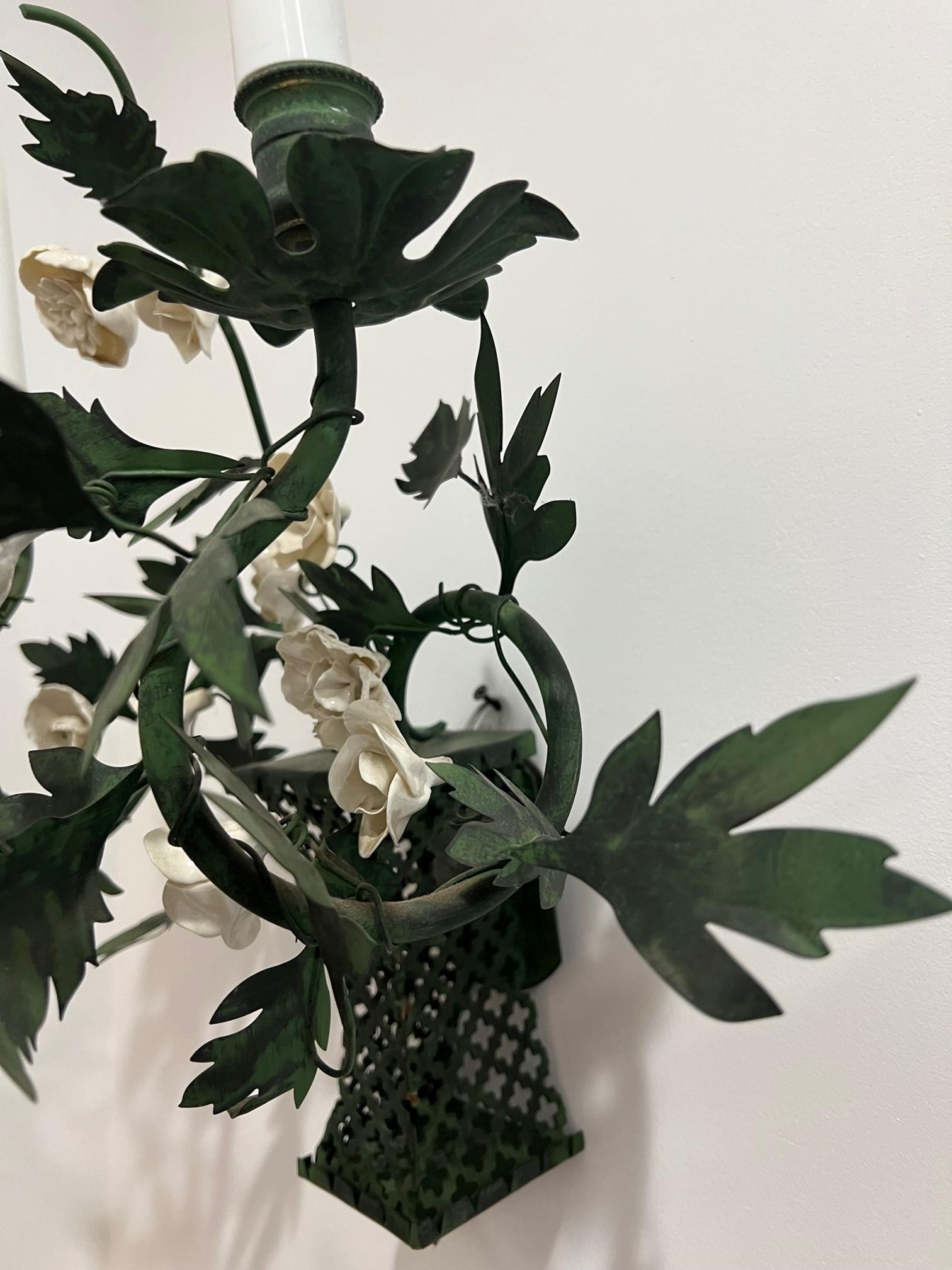 Pair of Hand-Made Green Metal Wall Sconces with White Porcelain Flowers France For Sale 6