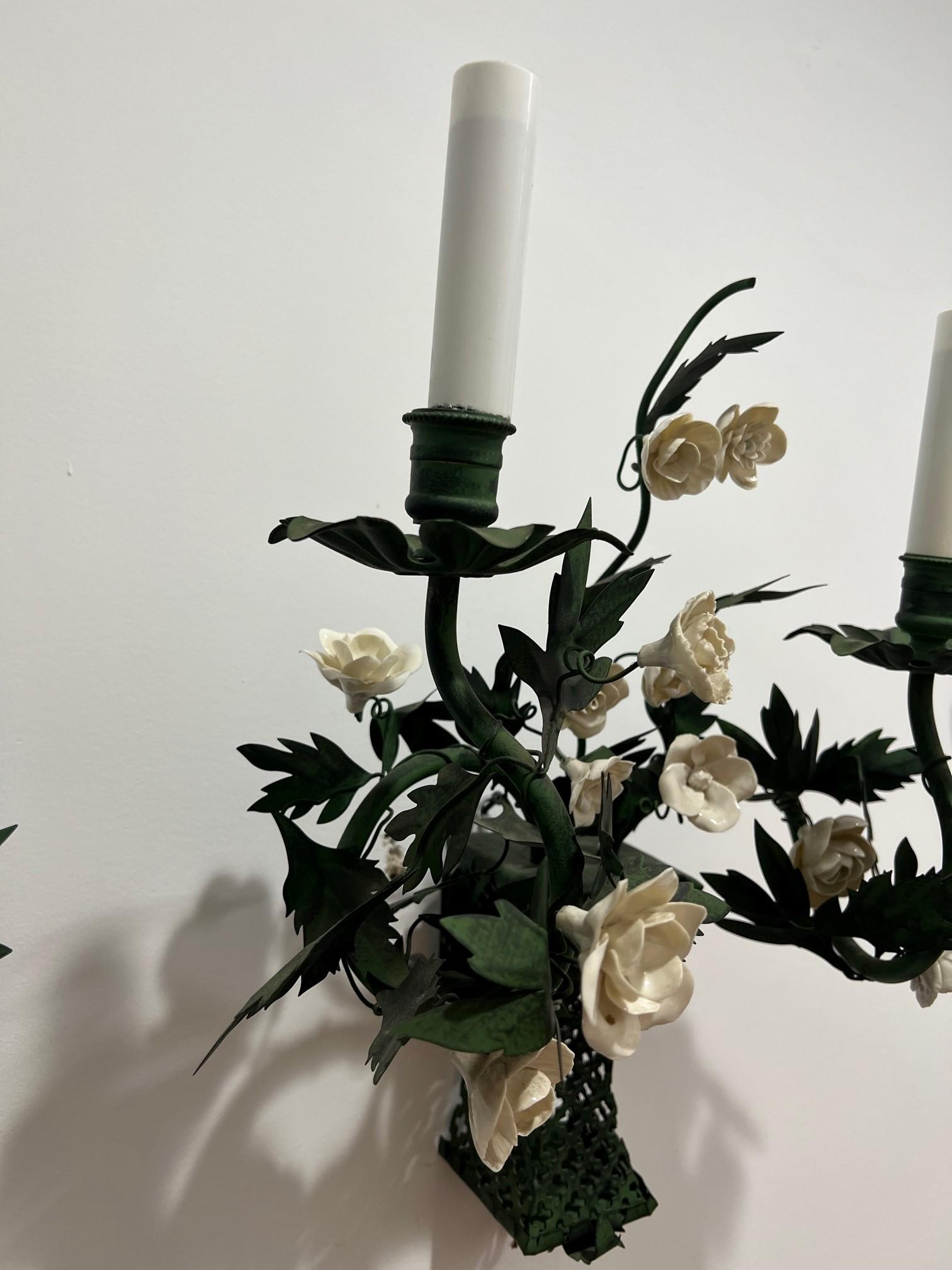 Pair of Hand-Made Green Metal Wall Sconces with White Porcelain Flowers France  For Sale 7
