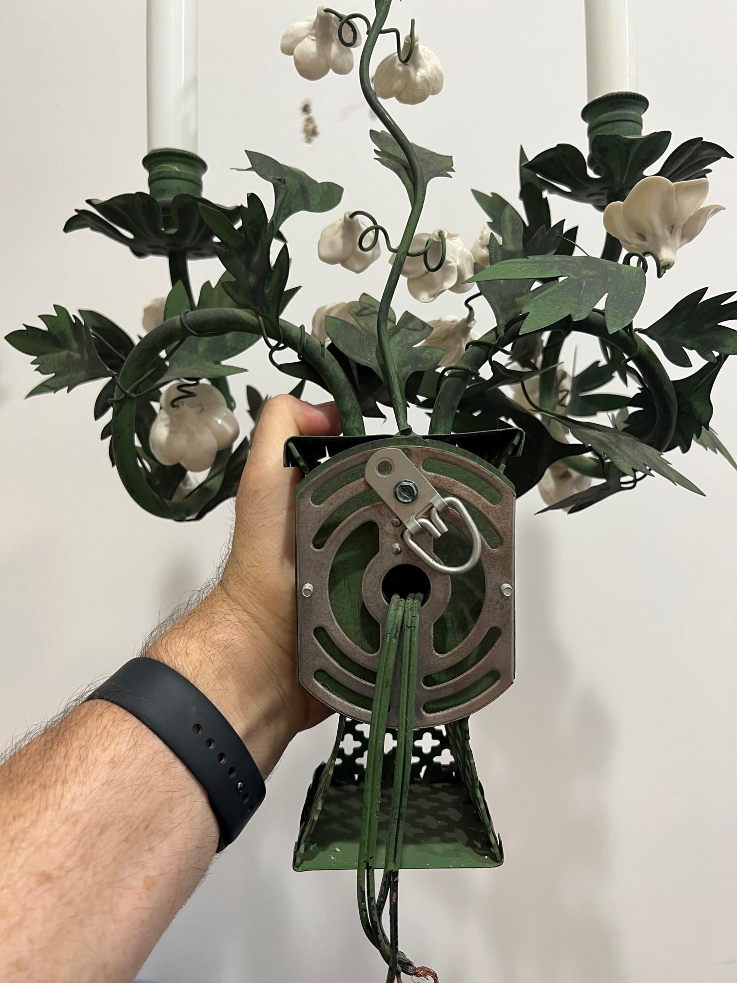 Pair of Hand-Made Green Metal Wall Sconces with White Porcelain Flowers France  For Sale 11