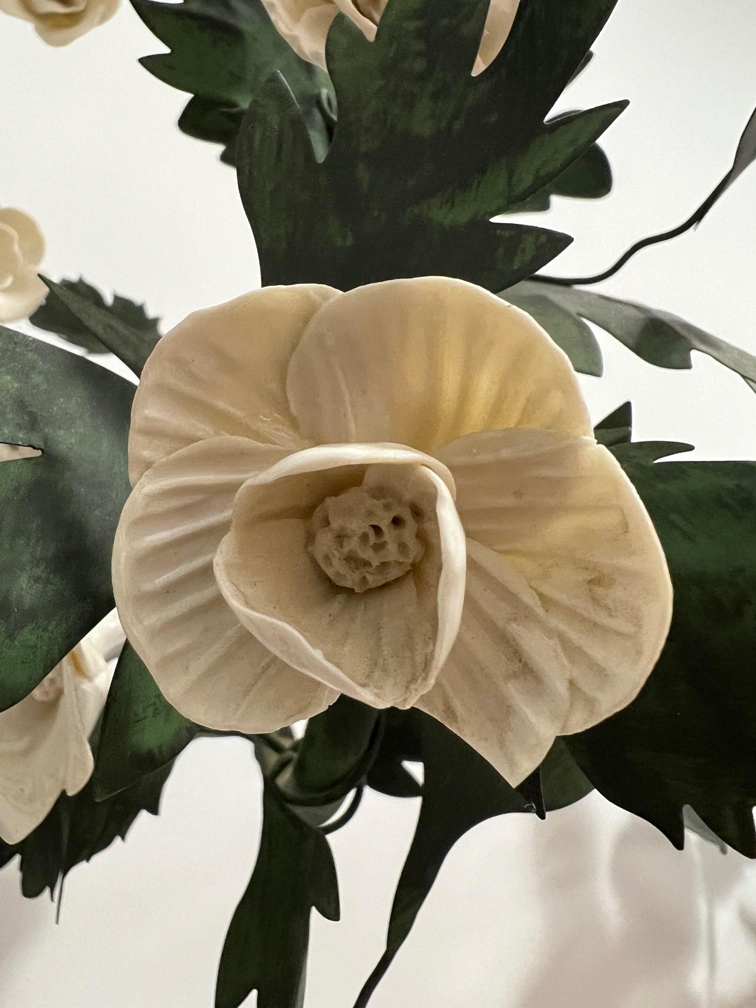 Pair of Hand-Made Green Metal Wall Sconces with White Porcelain Flowers France For Sale 12