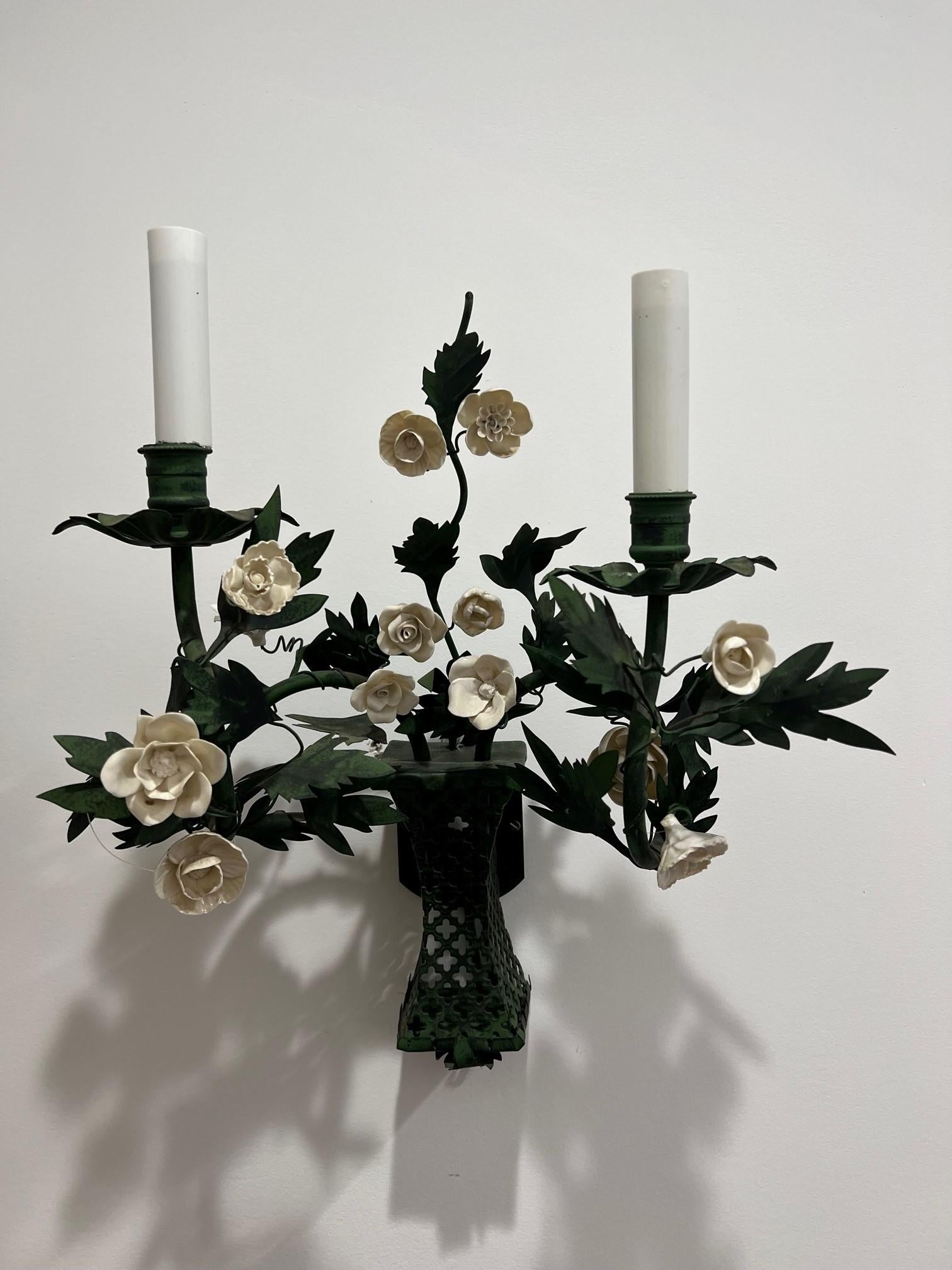 French Pair of Hand-Made Green Metal Wall Sconces with White Porcelain Flowers France  For Sale