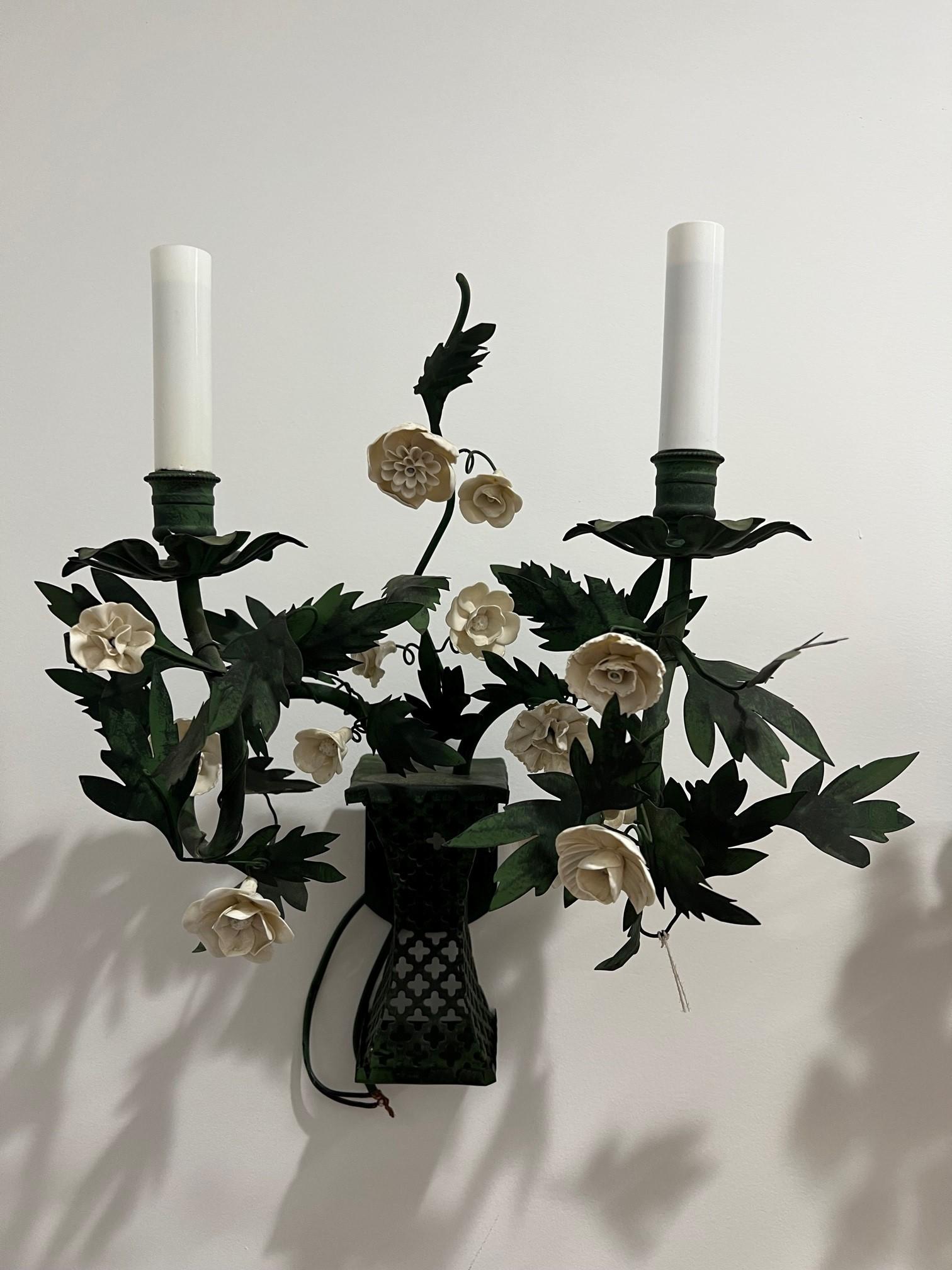 Pair of Hand-Made Green Metal Wall Sconces with White Porcelain Flowers France  In Good Condition For Sale In Stamford, CT