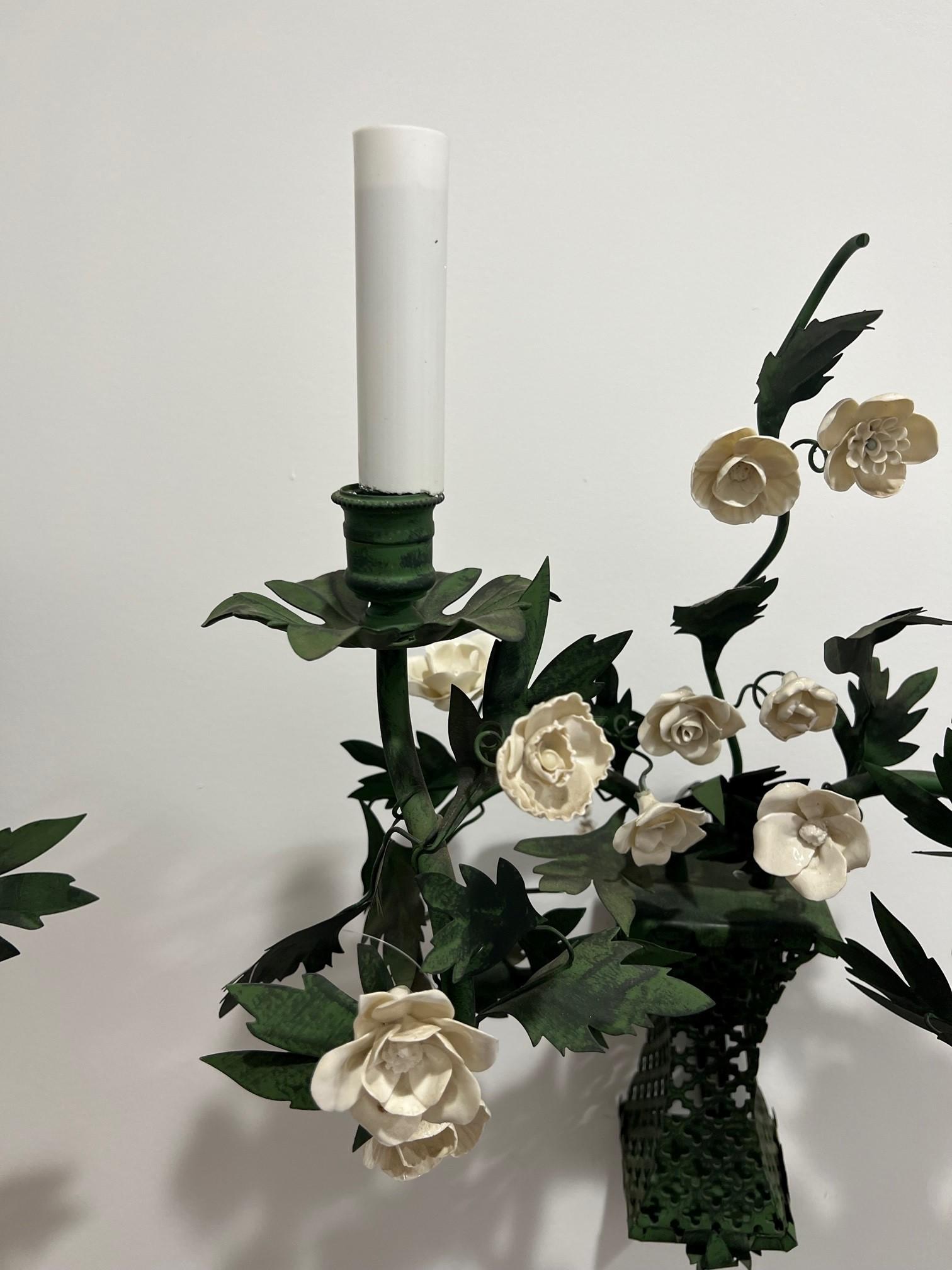 Contemporary Pair of Hand-Made Green Metal Wall Sconces with White Porcelain Flowers France  For Sale