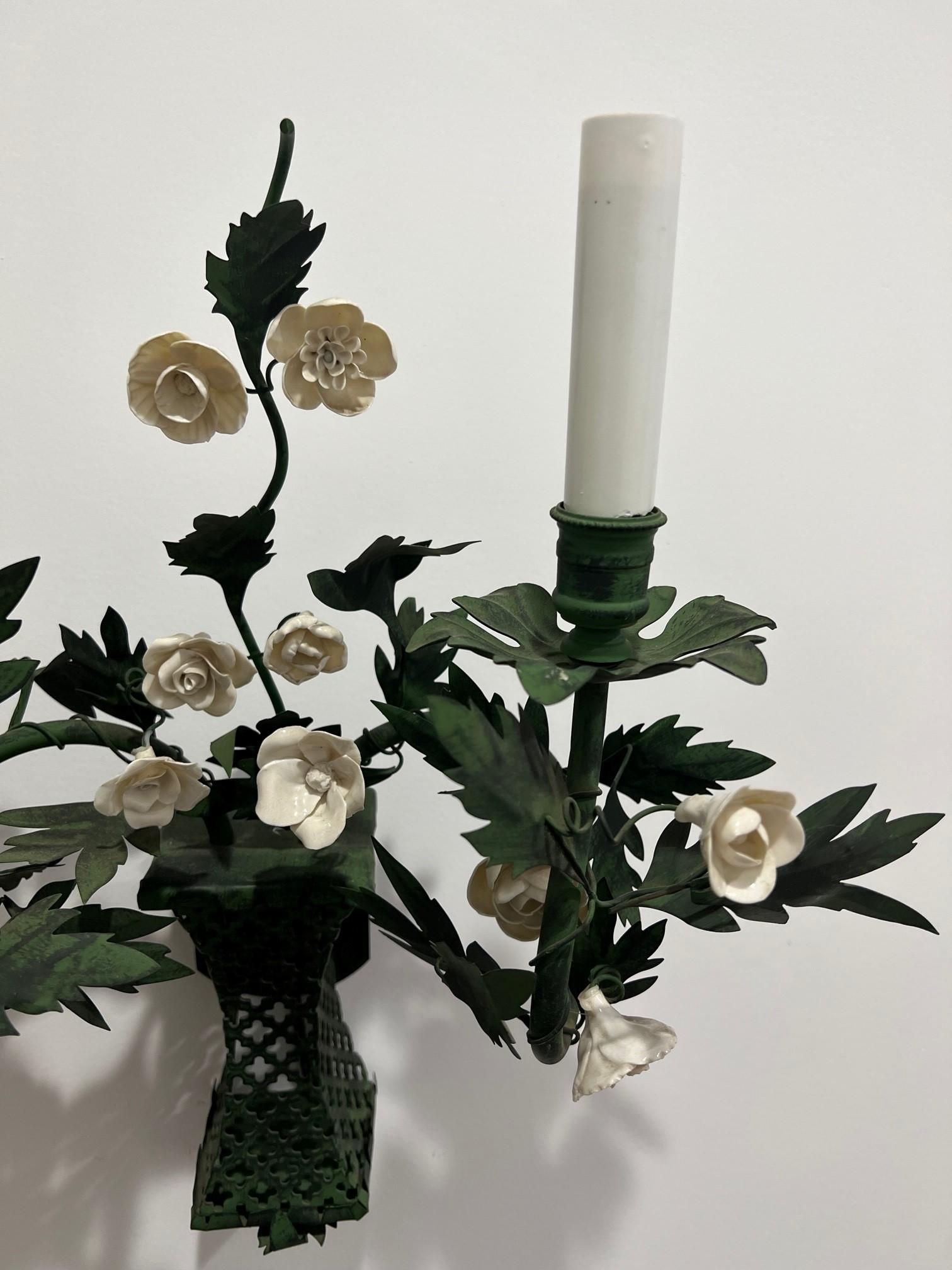 Pair of Hand-Made Green Metal Wall Sconces with White Porcelain Flowers France  For Sale 1