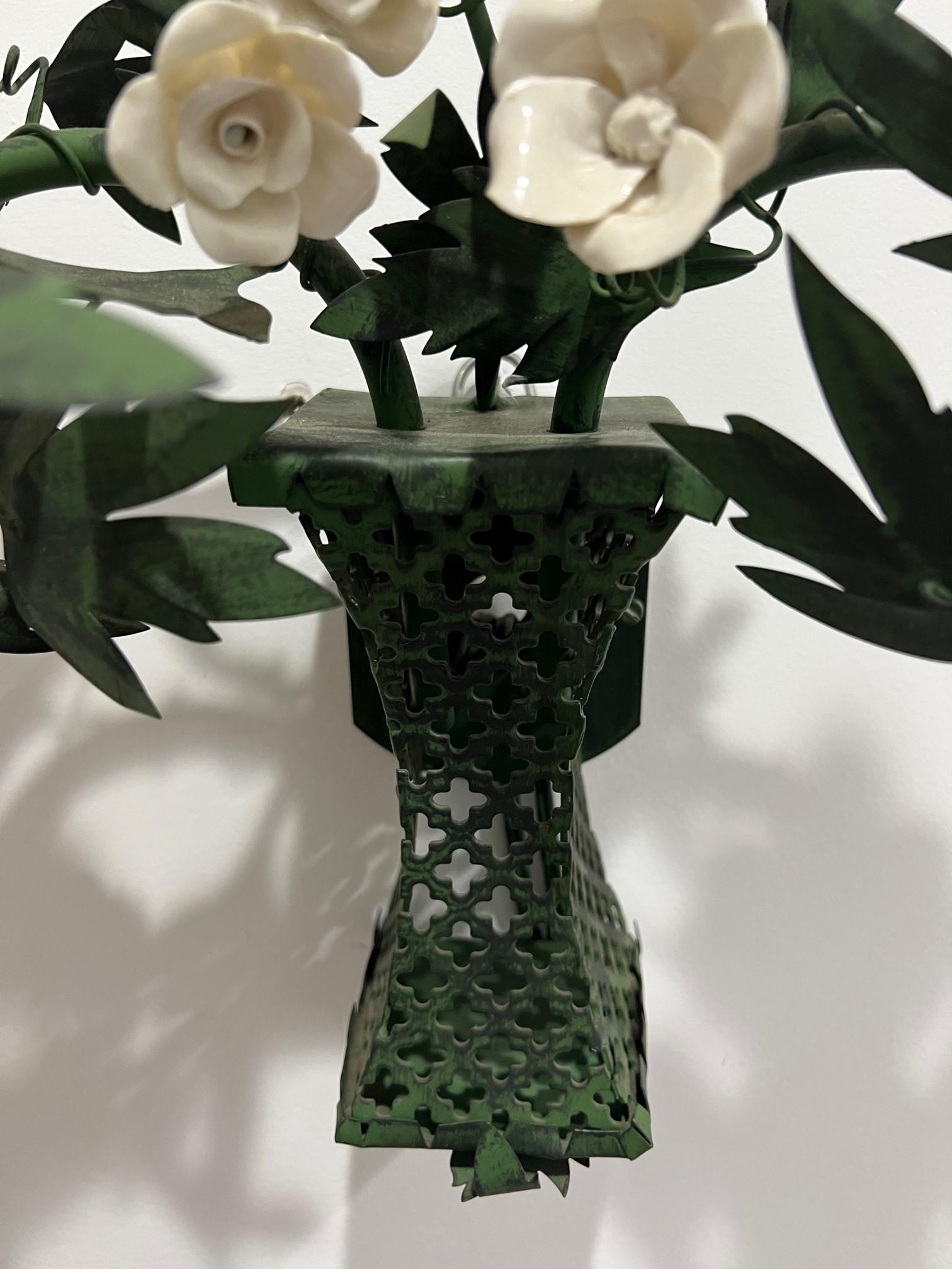 Pair of Hand-Made Green Metal Wall Sconces with White Porcelain Flowers France  For Sale 2