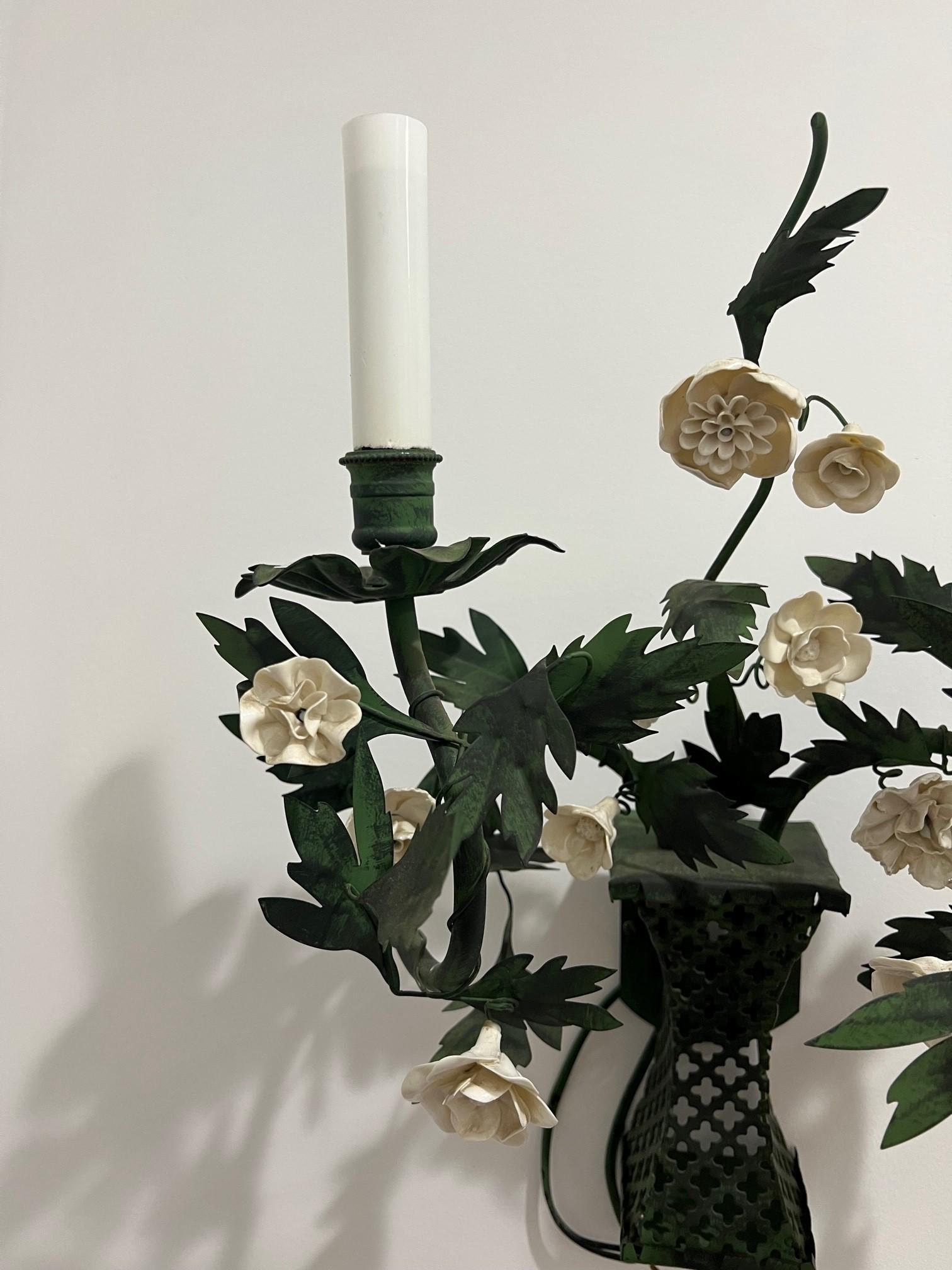 Pair of Hand-Made Green Metal Wall Sconces with White Porcelain Flowers France  For Sale 3