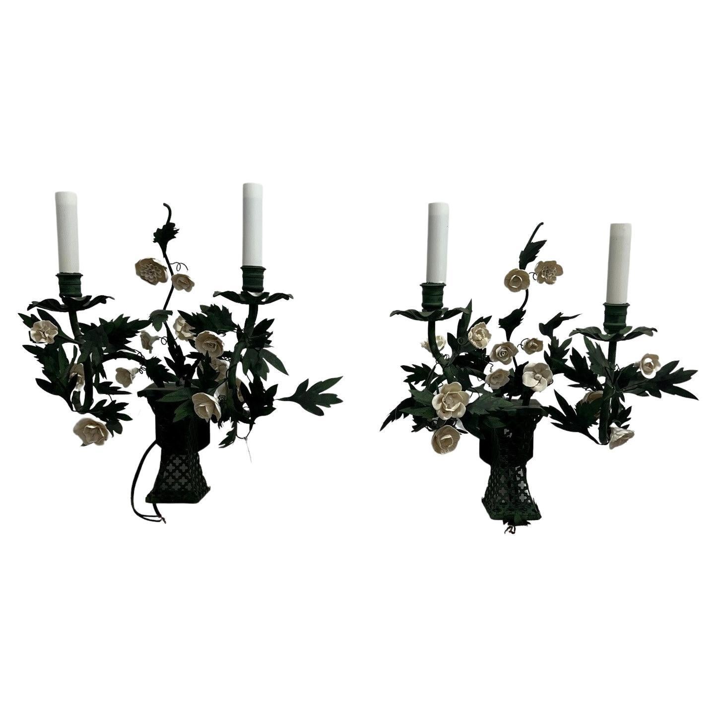 Pair of Hand-Made Green Metal Wall Sconces with White Porcelain Flowers France 