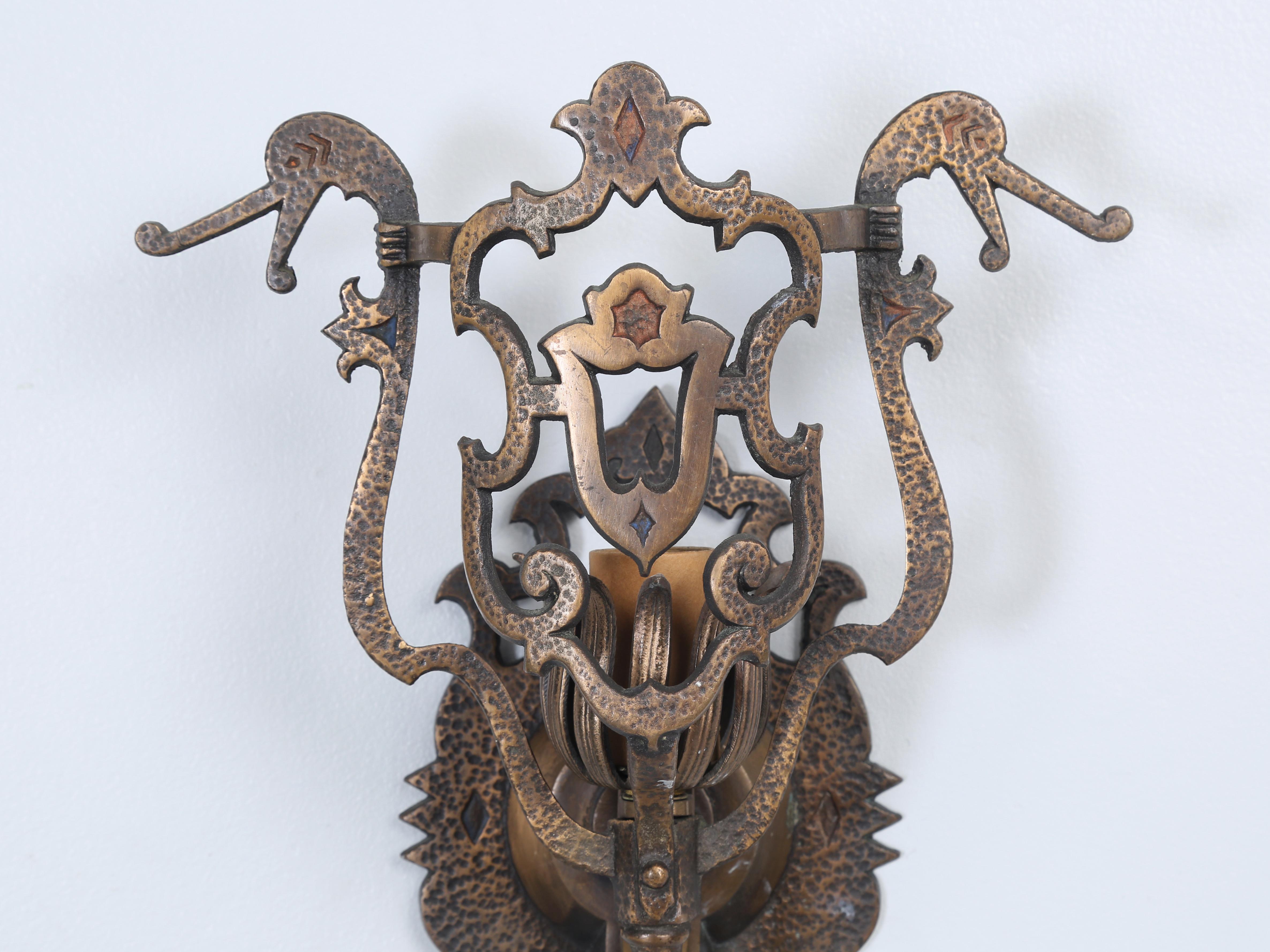 Cast Pair of Hand-Made Heavy Brass Sconces Removed from c1908 Historic Illinois Home For Sale