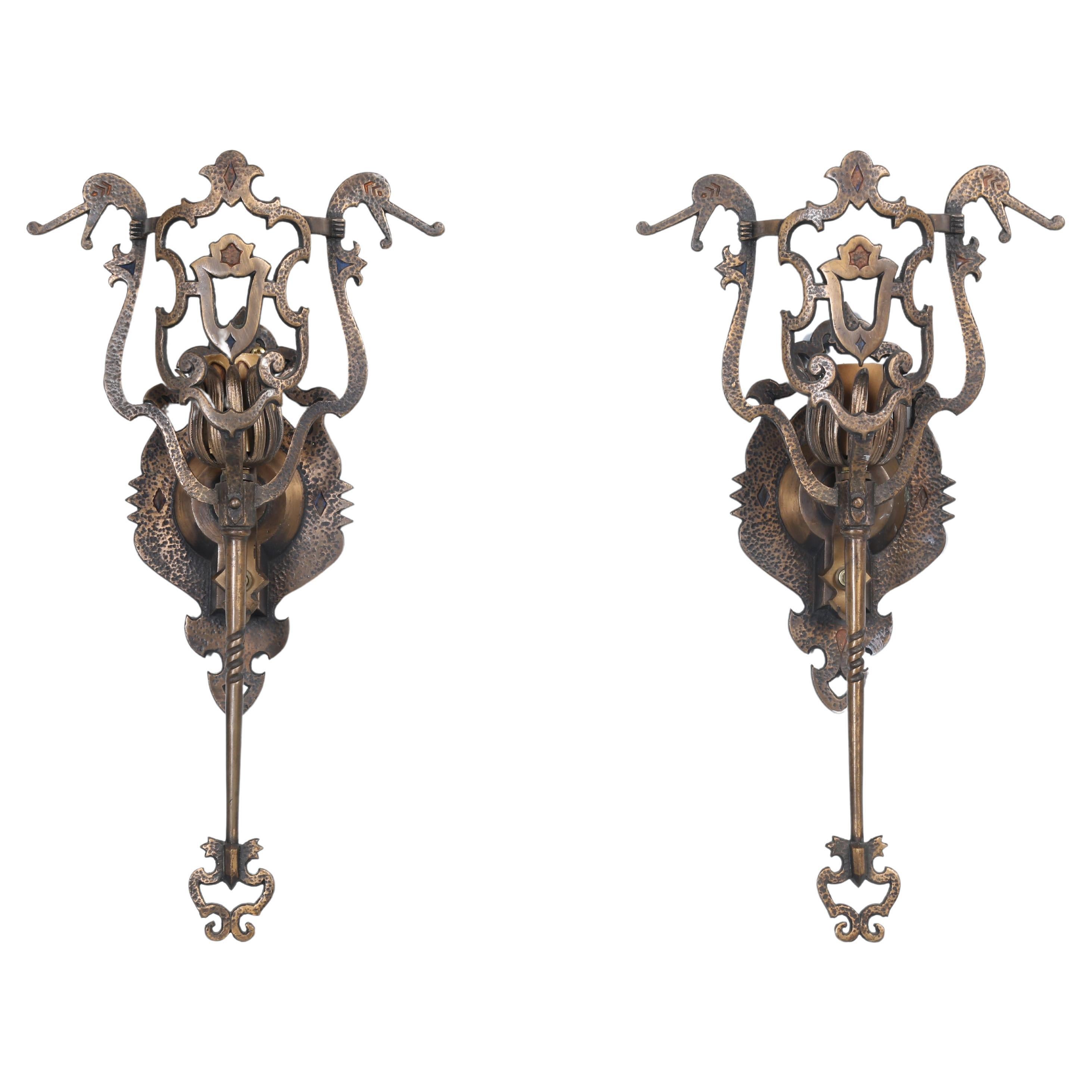 Pair of Hand-Made Heavy Brass Sconces Removed from c1908 Historic Illinois Home