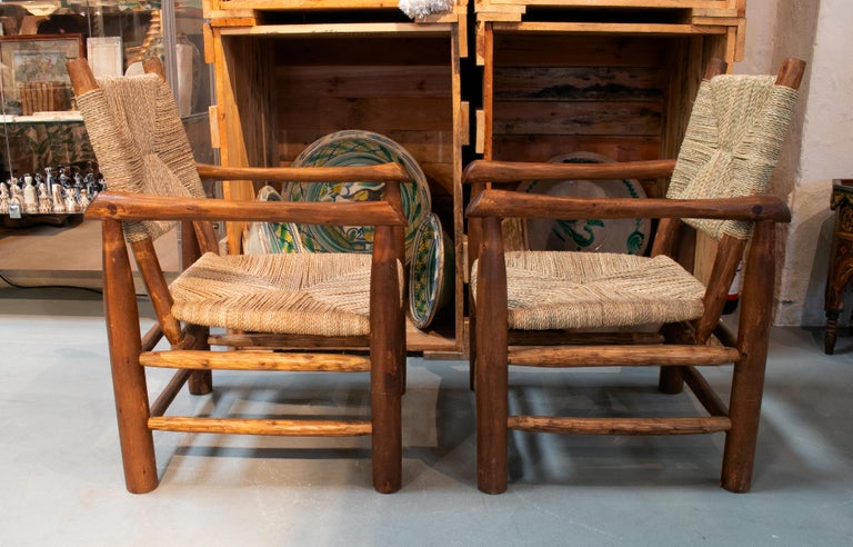 Pair of Handmade Light Brown Wooden Armchairs with String Rope Back and ...