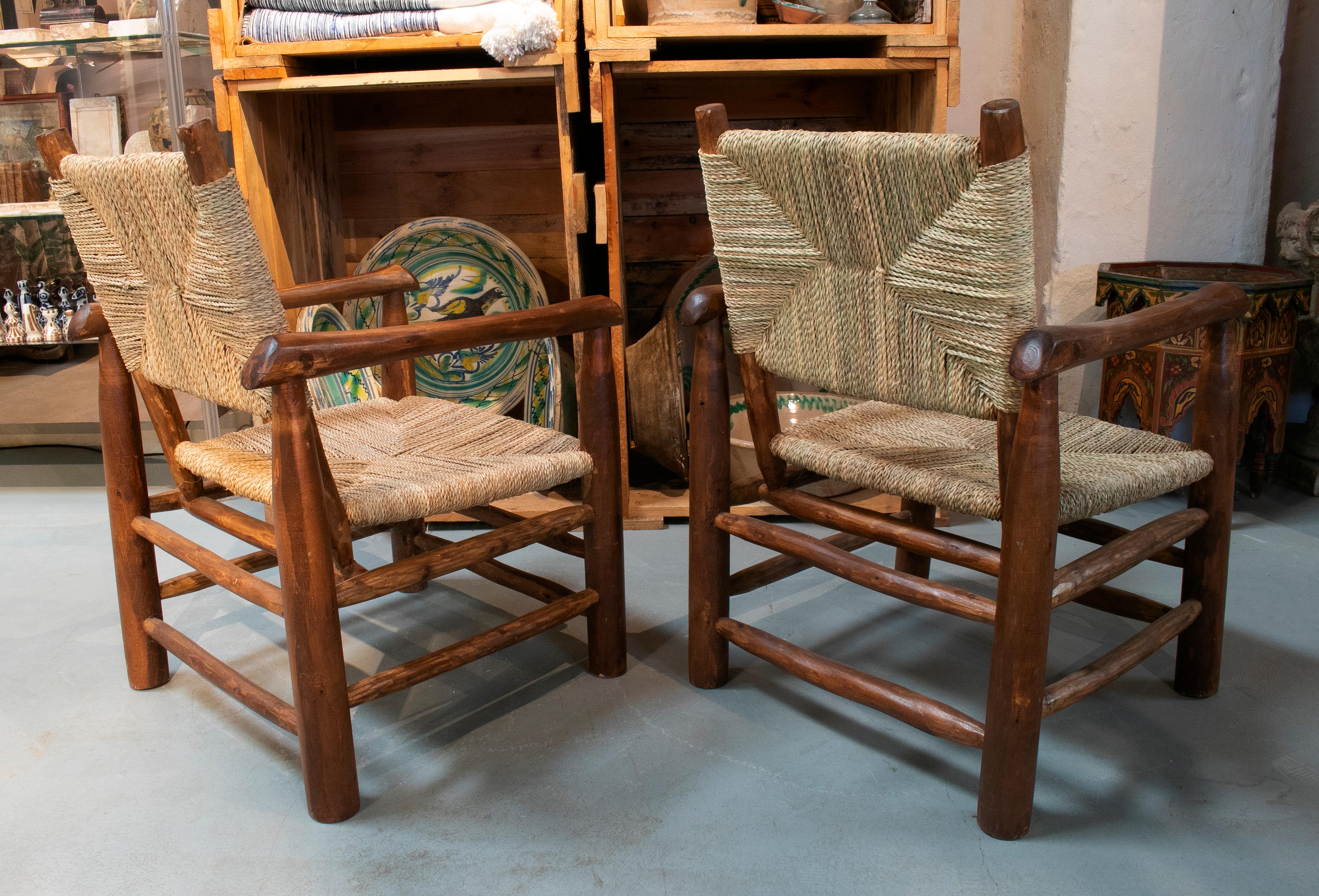 European Pair of Handmade Light Brown Wooden Armchairs with String Rope Back and Seat For Sale