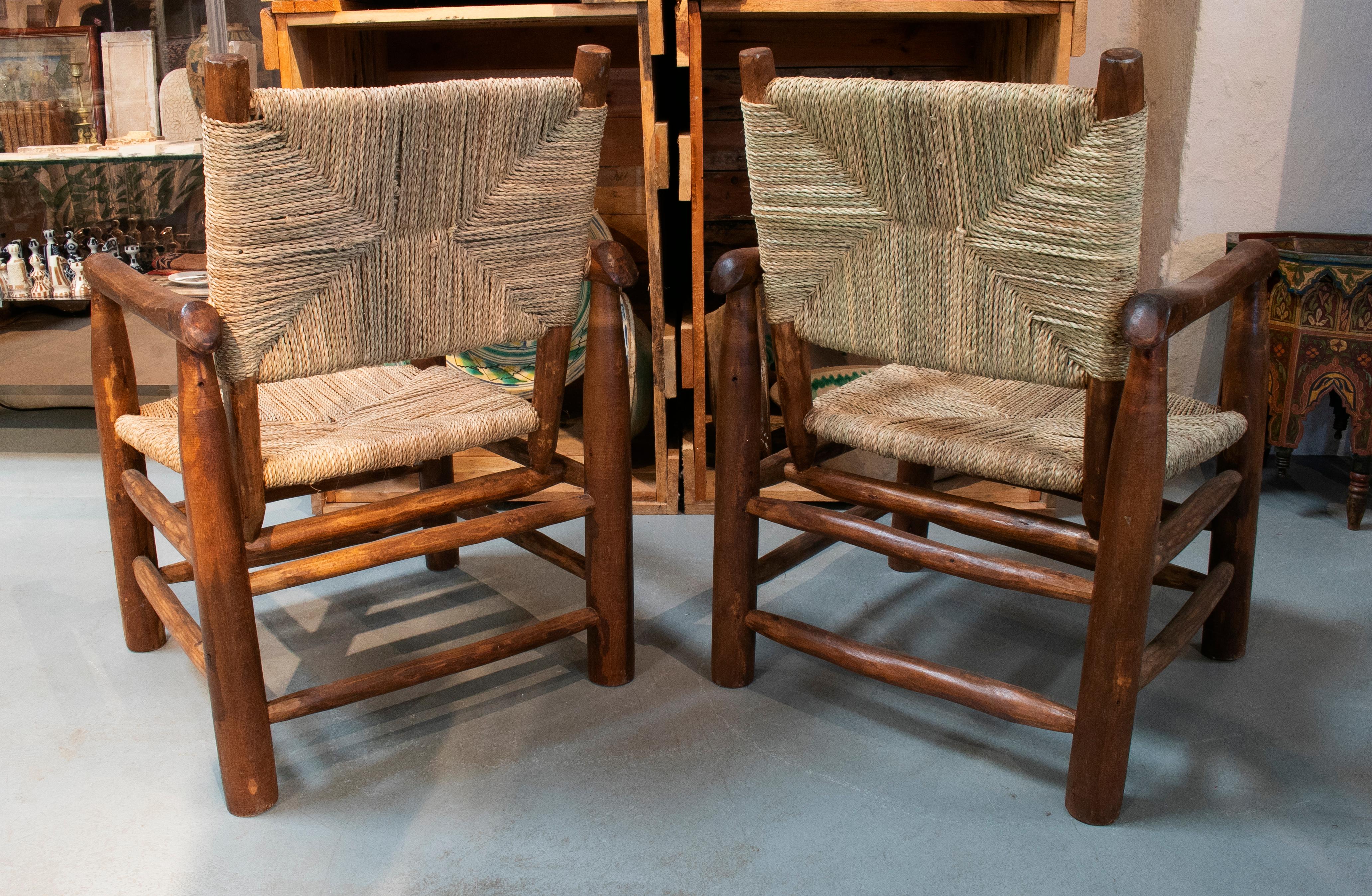 Pair of Handmade Light Brown Wooden Armchairs with String Rope Back and Seat In Good Condition For Sale In Marbella, ES