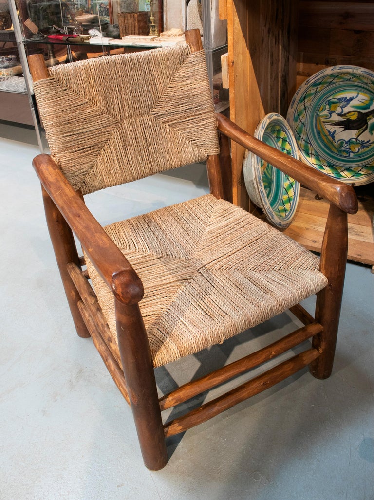 Pair of Handmade Light Brown Wooden Armchairs with String Rope Back and ...