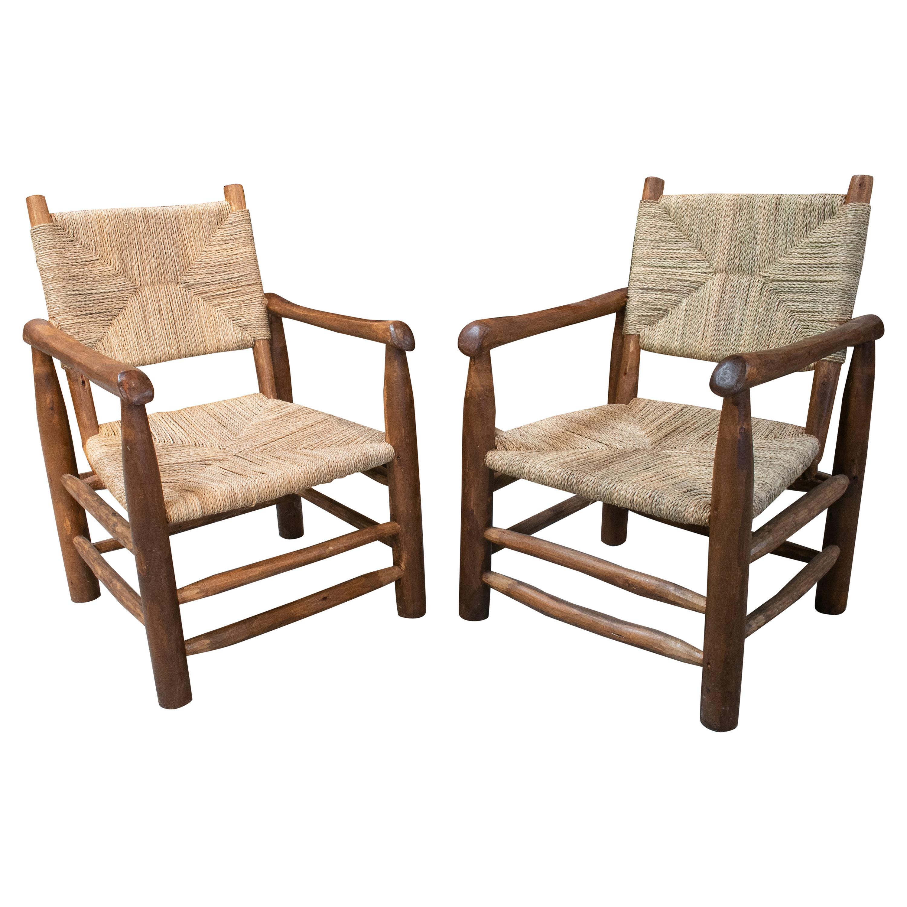 Pair of Handmade Light Brown Wooden Armchairs with String Rope Back and Seat