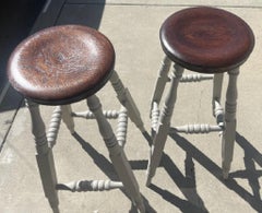 Pair Of Hand Made Oak Wood Bar Stools, Gray painted Base