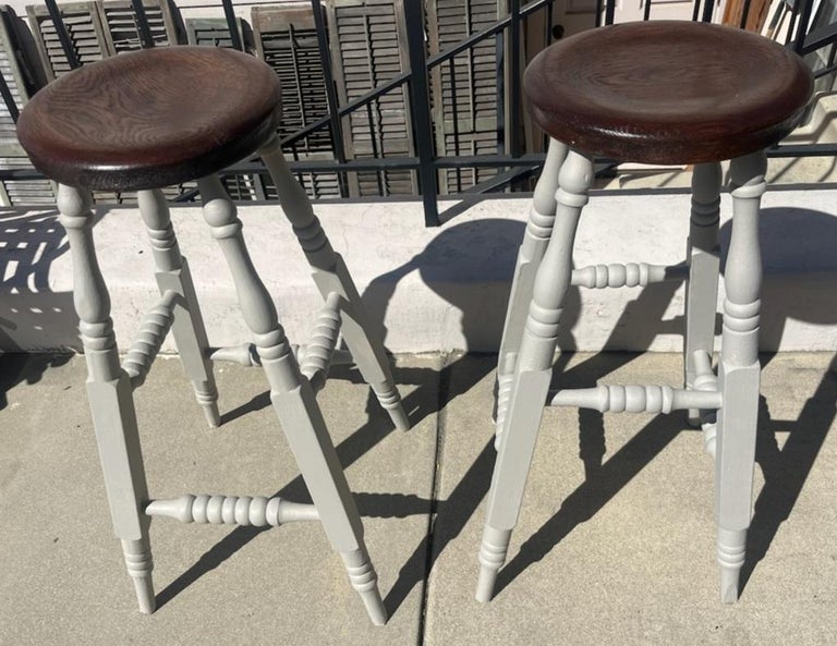 Pair Of Hand Made Oak Wood Bar Stools, Gray painted Base For Sale