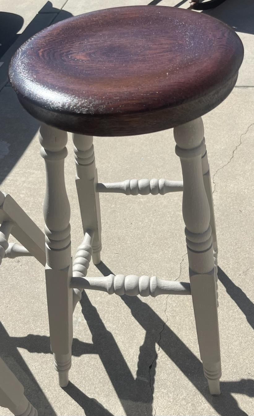 Early 20th Century Pair Of Hand Made Oak Wood Bar Stools, Gray painted Base For Sale