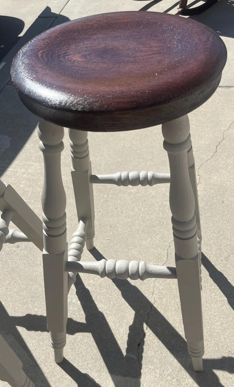 Pair Of Hand Made Oak Wood Bar Stools, Gray painted Base For Sale 1