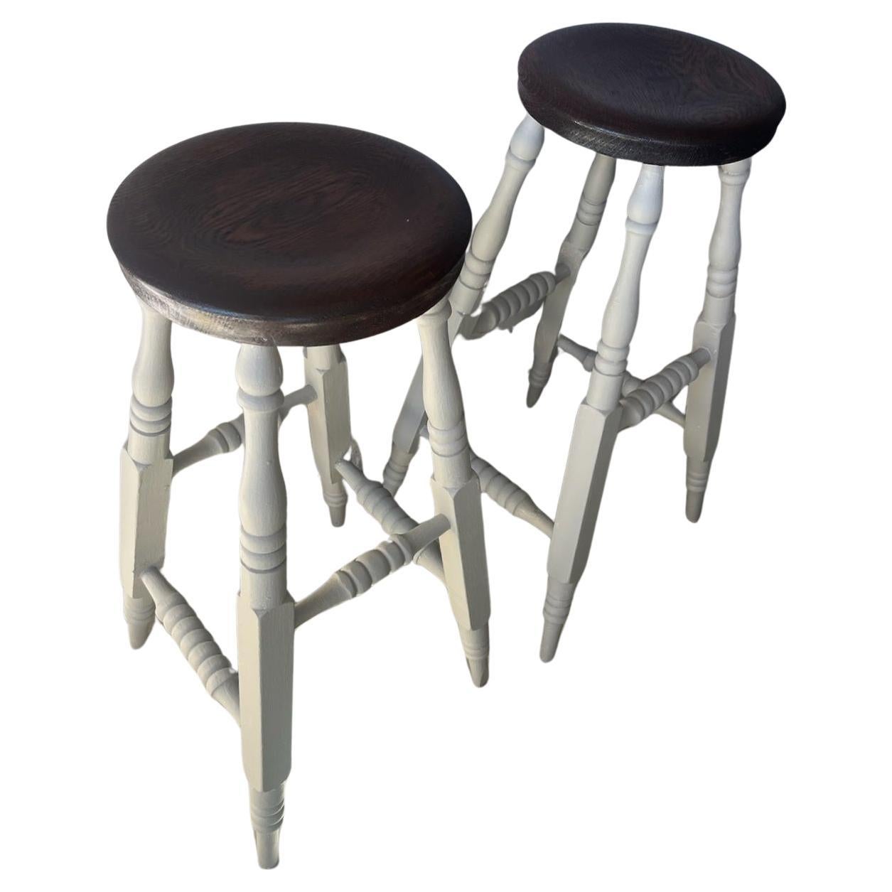 Pair Of Hand Made Oak Wood Bar Stools, Gray painted Base