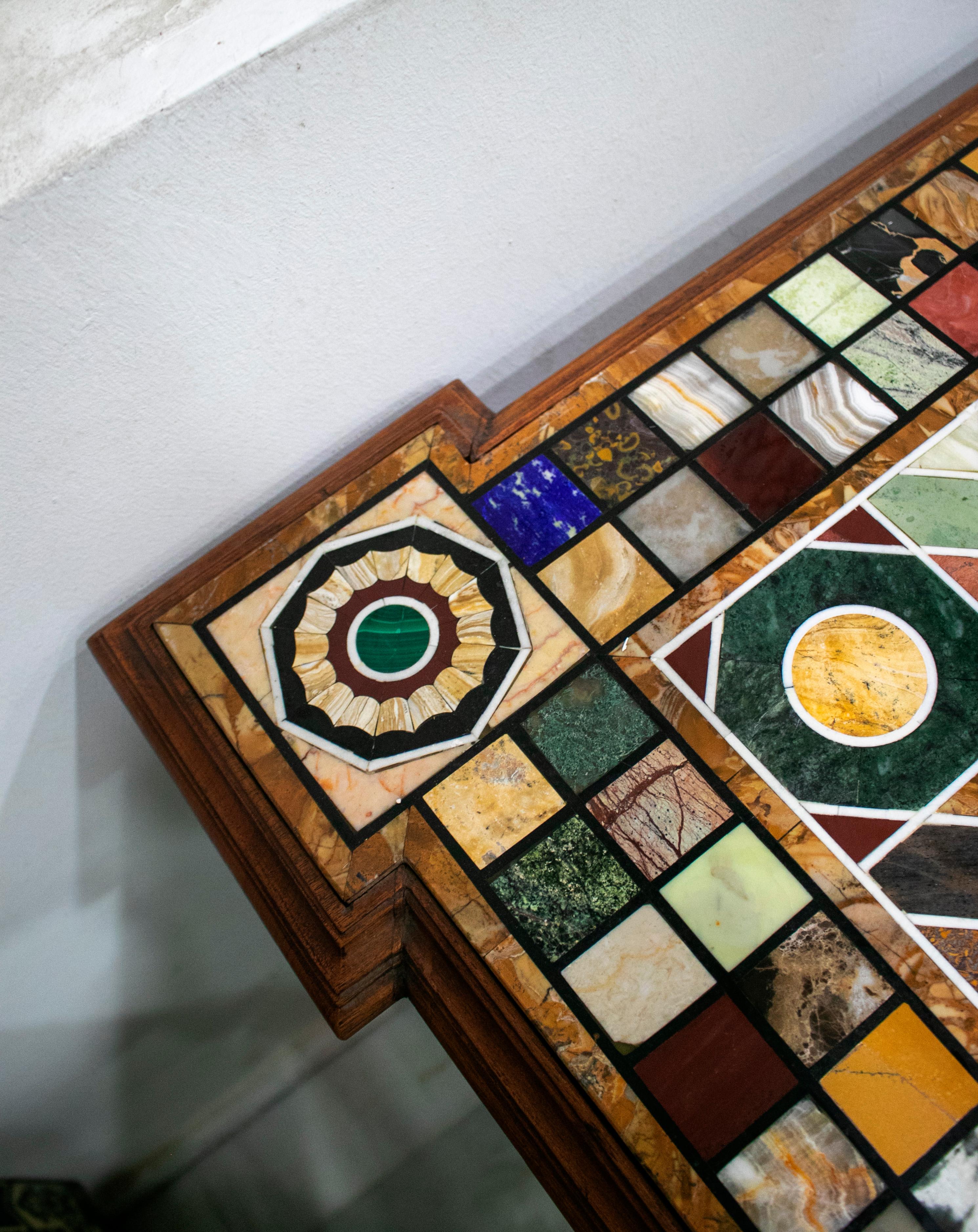 Pair of Handmade Rectangular Pietre Dure Mosaic Top Wooden Relieved Tables For Sale 1