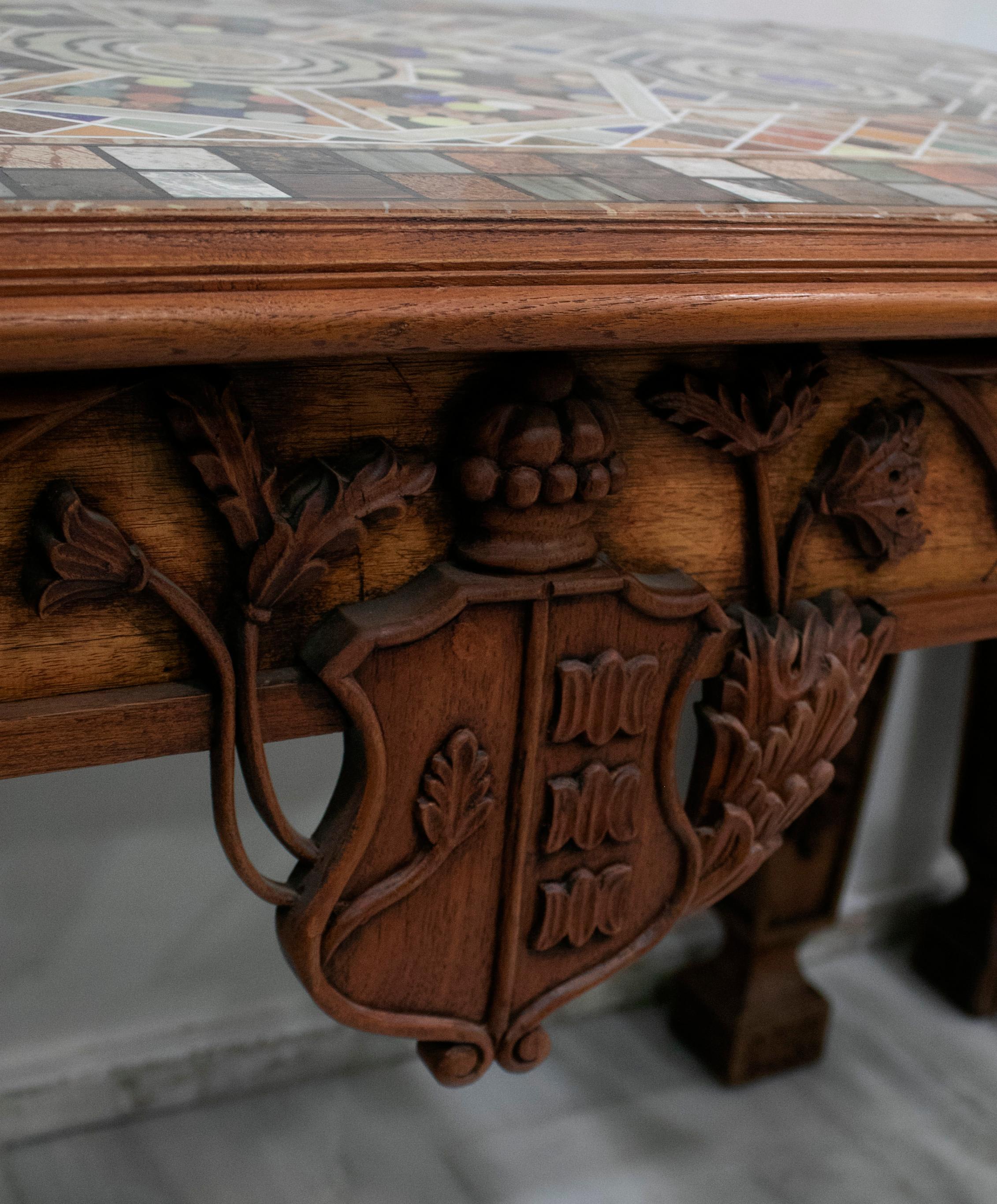 Pair of Handmade Rectangular Pietre Dure Mosaic Top Wooden Relieved Tables For Sale 4