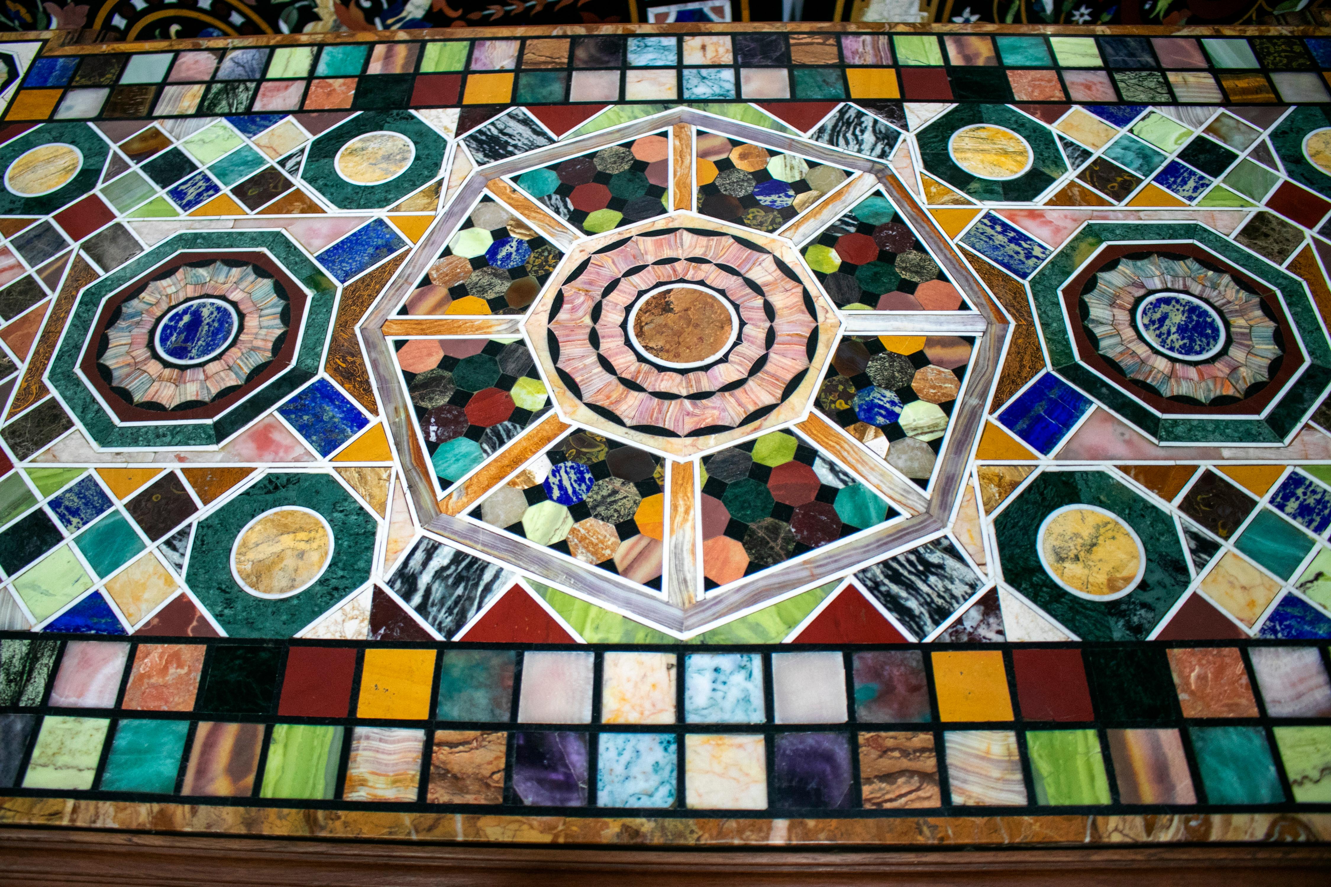 European Pair of Handmade Rectangular Pietre Dure Mosaic Top Wooden Relieved Tables For Sale