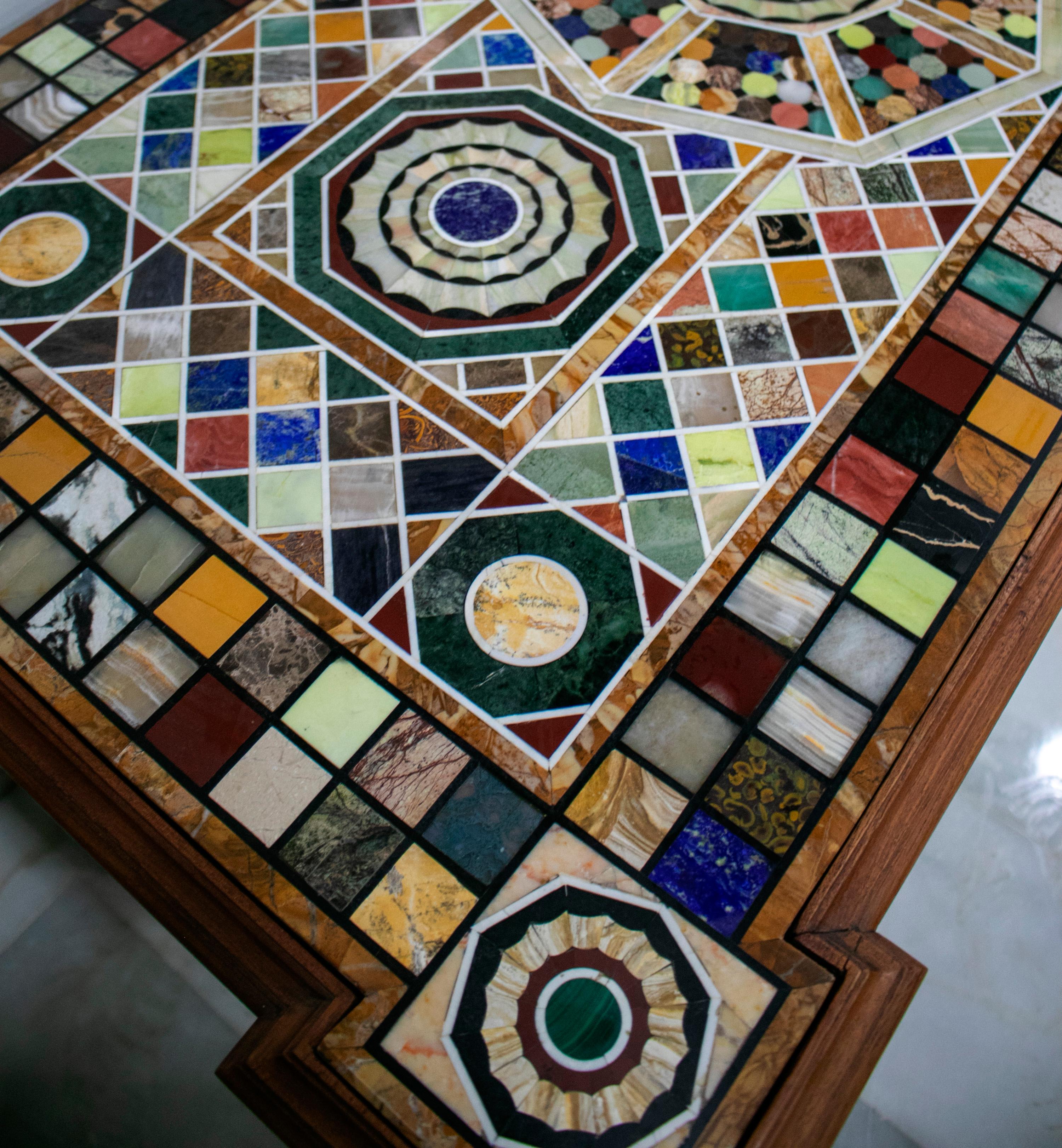 Marble Pair of Handmade Rectangular Pietre Dure Mosaic Top Wooden Relieved Tables For Sale