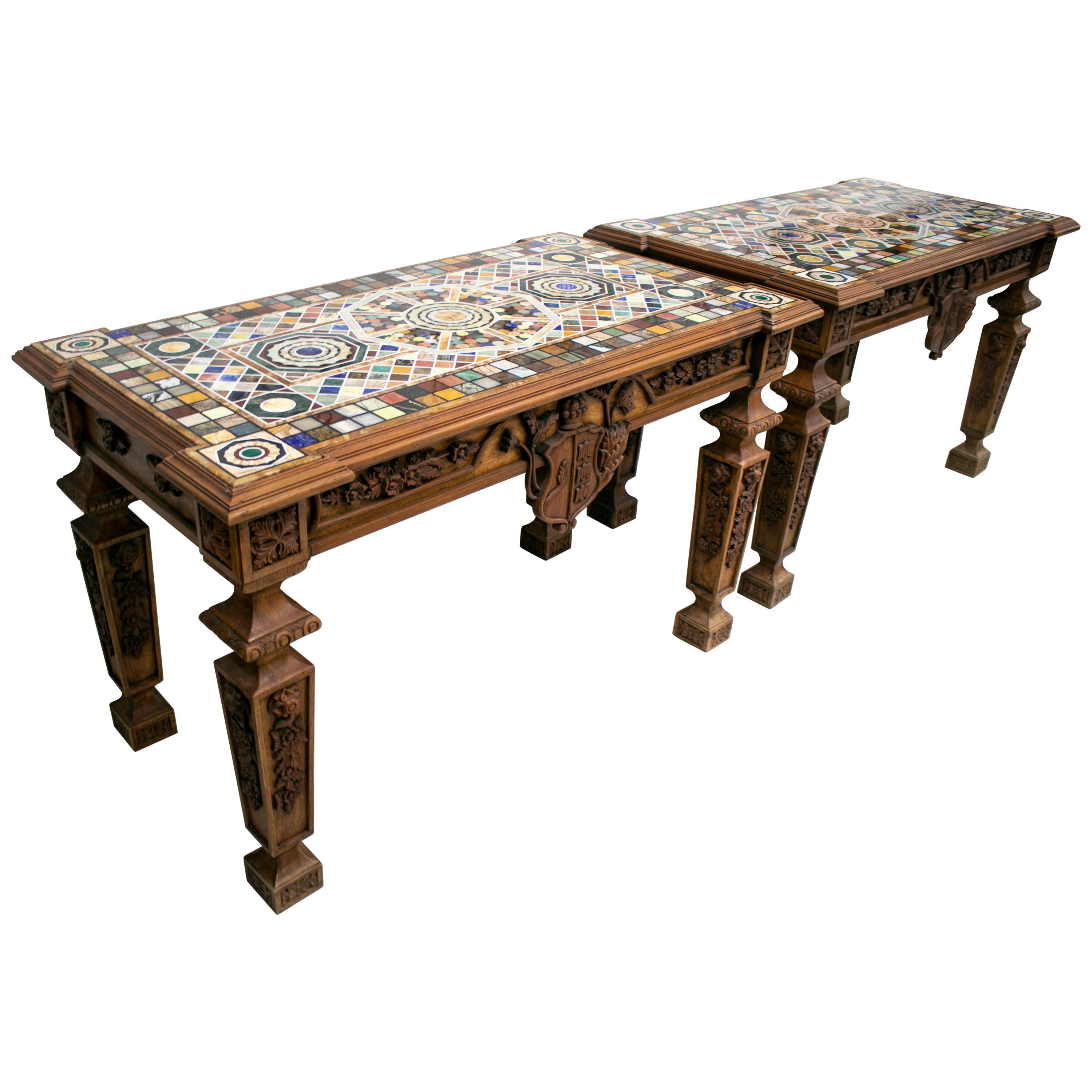 Pair of Handmade Rectangular Pietre Dure Mosaic Top Wooden Relieved Tables For Sale