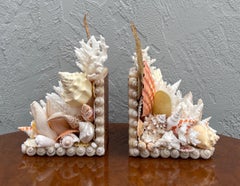 Hand Made Shell & Coral Bookends with Ostrich Leather Backing, USA