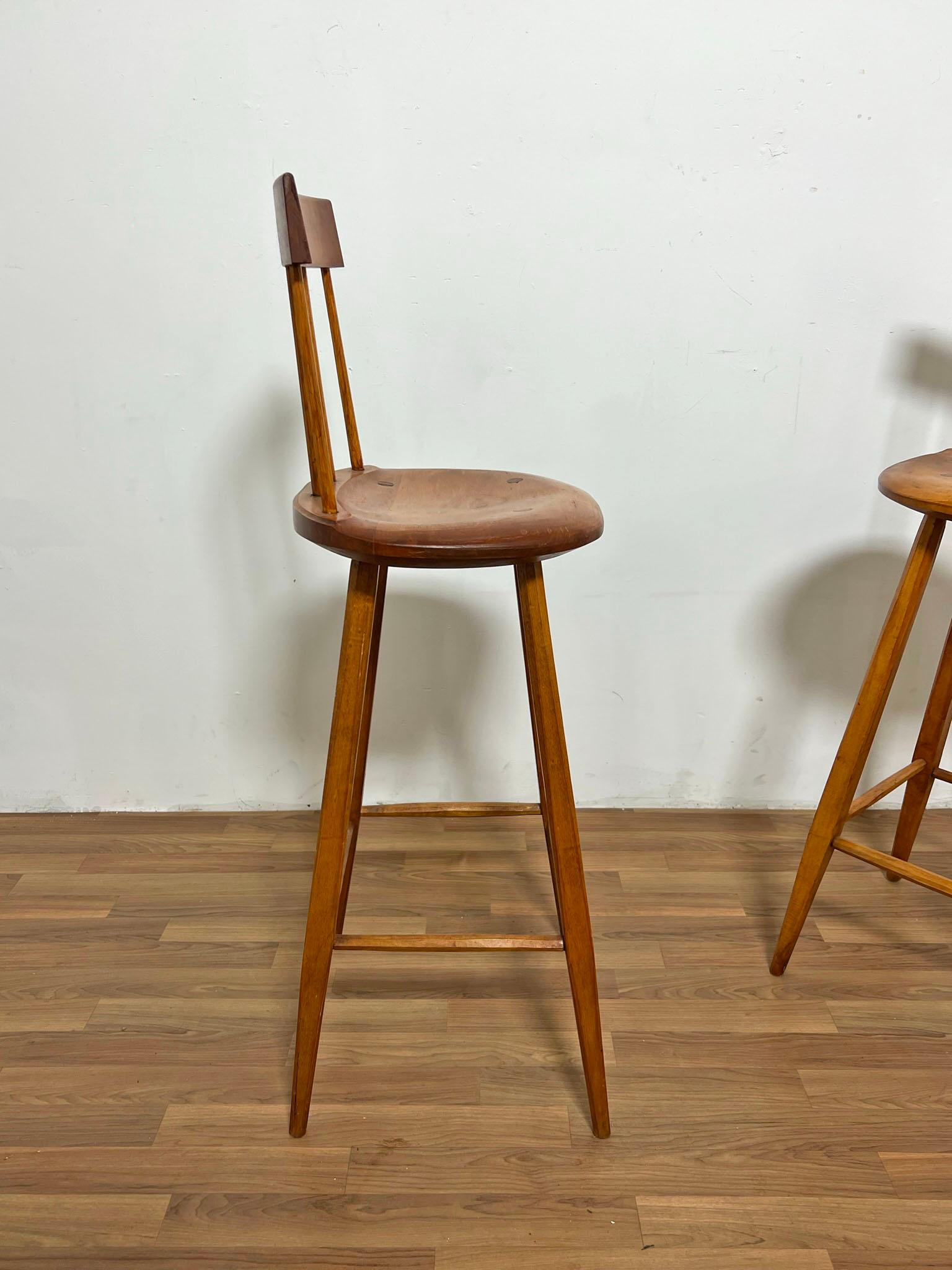 Maple Pair of Hand Made Studio Craft Bar Stools by Bill Woodhead, D. 1985 For Sale