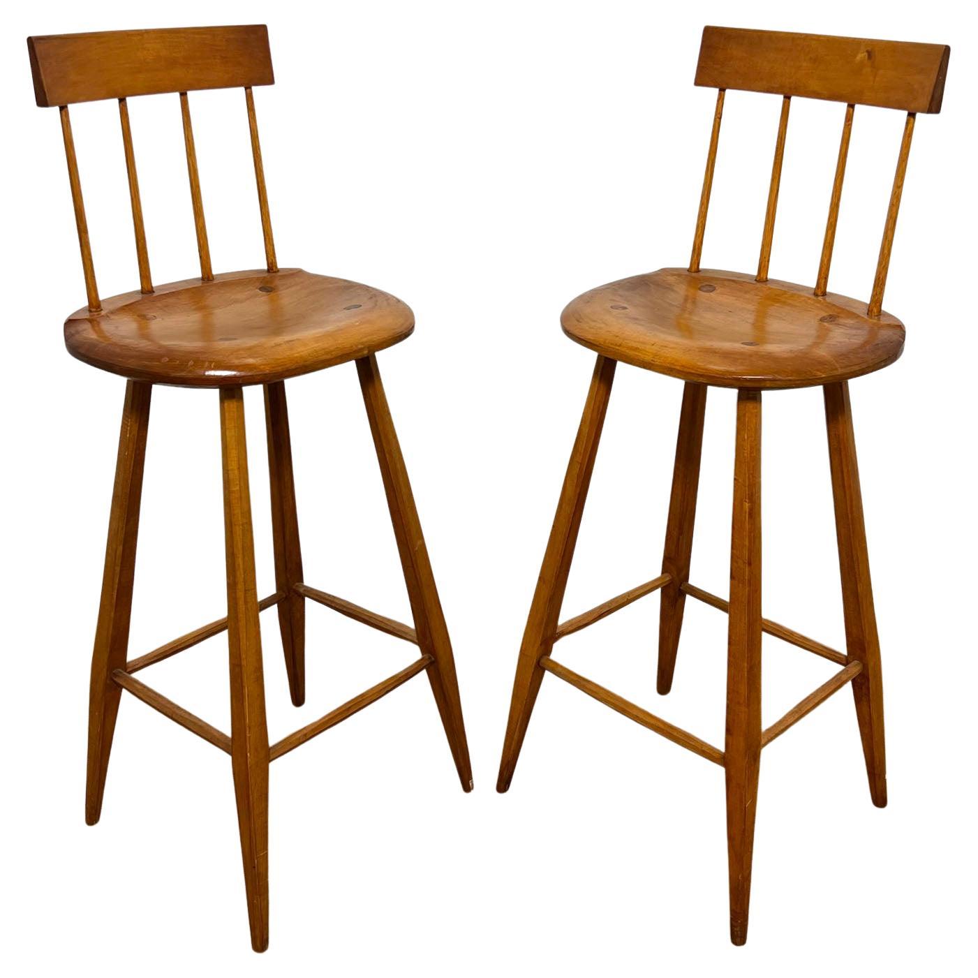 Pair of Hand Made Studio Craft Bar Stools by Bill Woodhead, D. 1985 For Sale