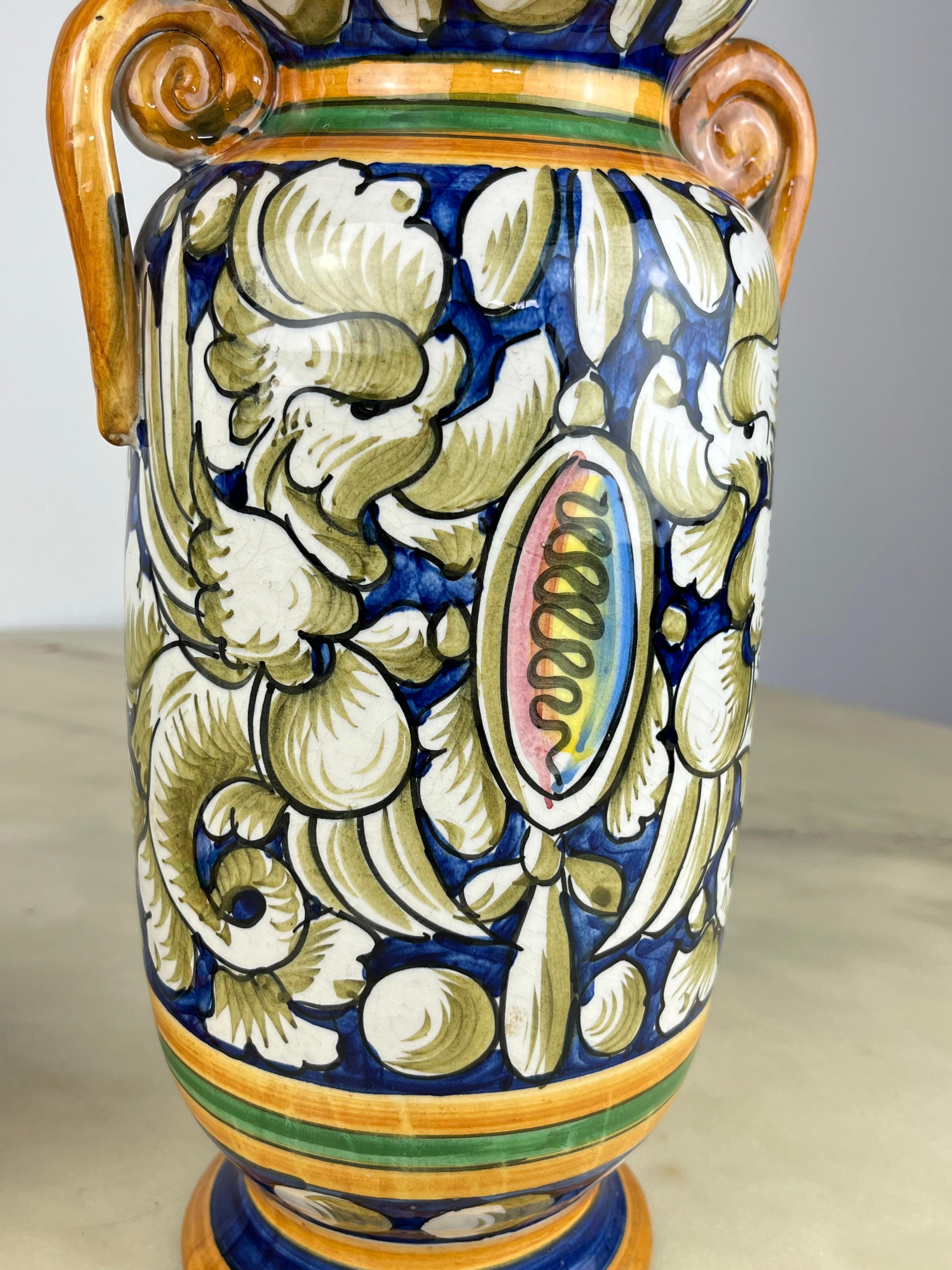 Italian Pair of Hand-Painted and Hand-Crafted  Amphorae Caltagirone, Italy, 1980s For Sale