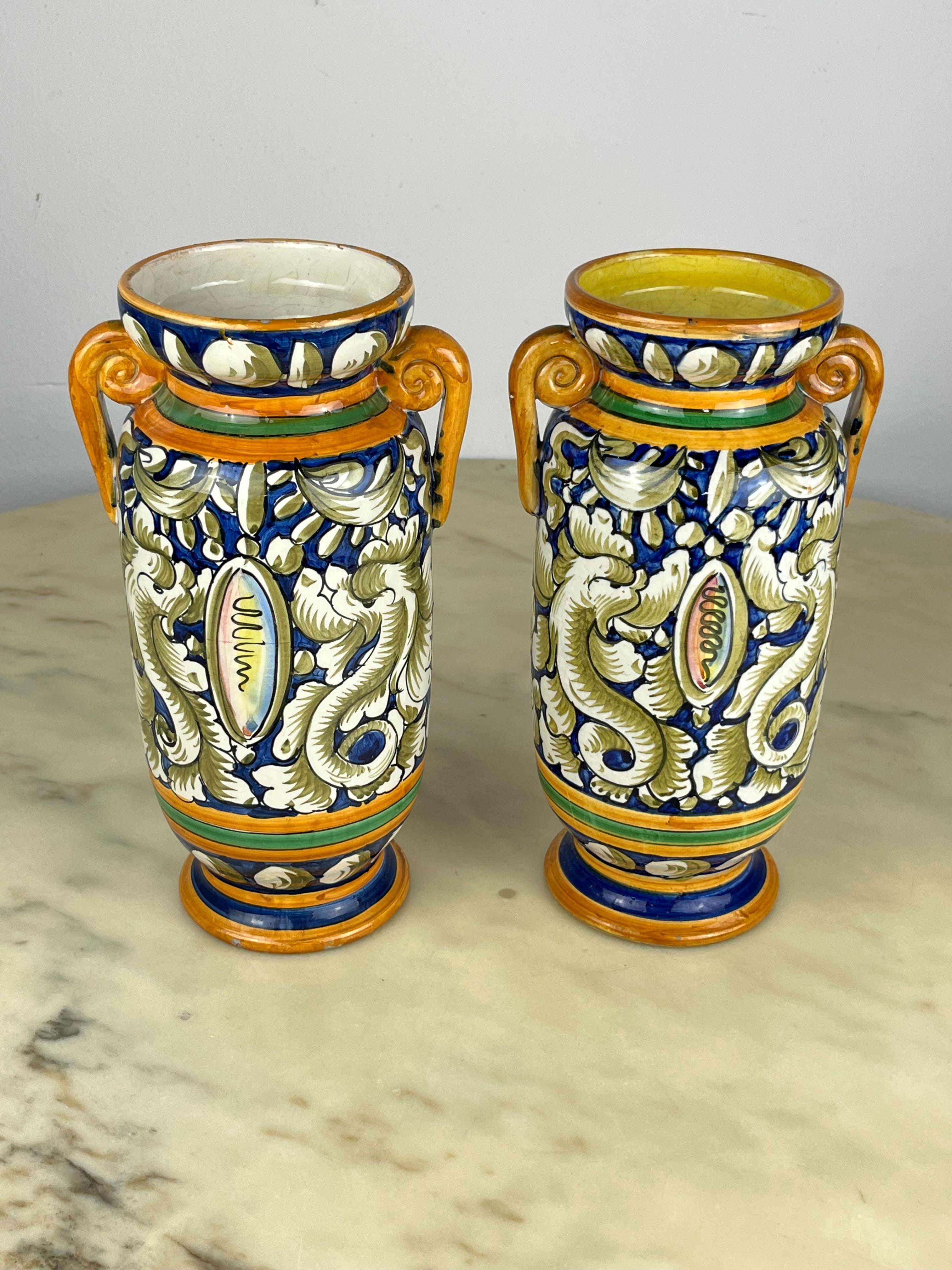 Ceramic Pair of Hand-Painted and Hand-Crafted  Amphorae Caltagirone, Italy, 1980s For Sale