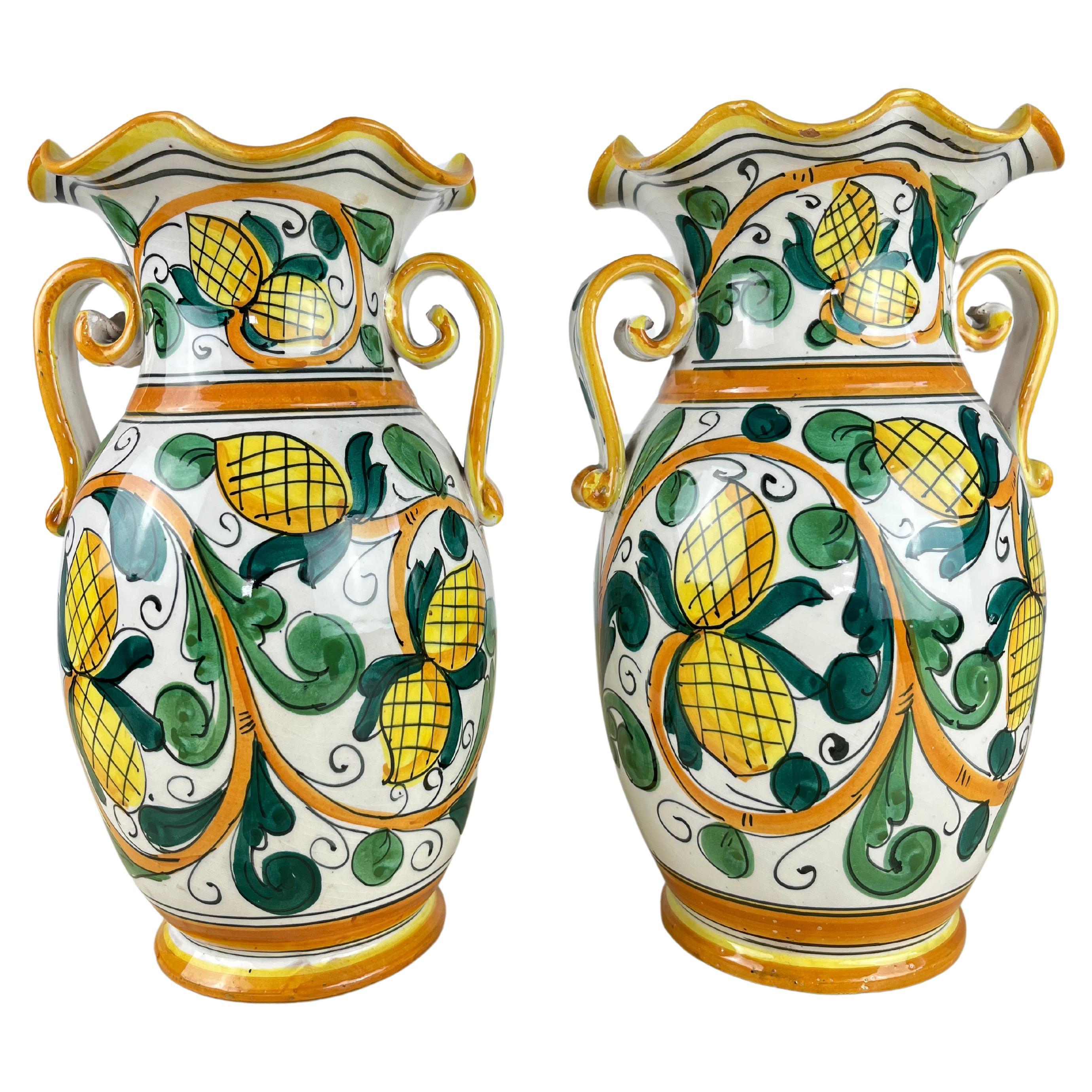 Pair of Hand-Painted and Hand-Crafted  Amphorae Caltagirone, Italy, 1980s For Sale