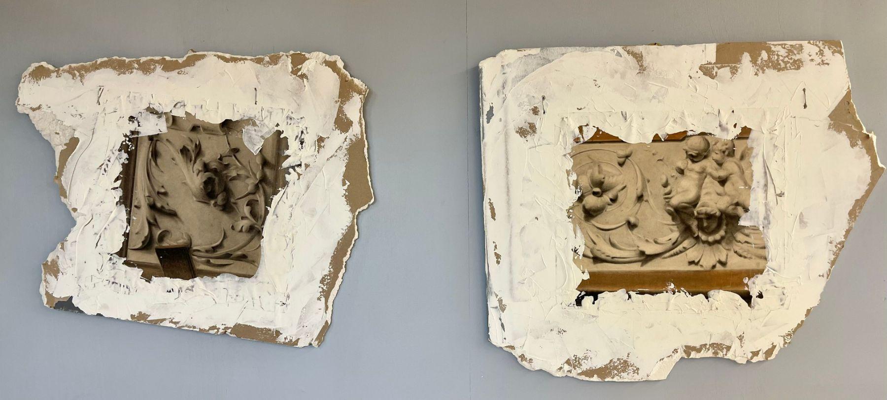 Pair of hand painted architectural wall fragments, Plaster, Italian, Venetian Style.