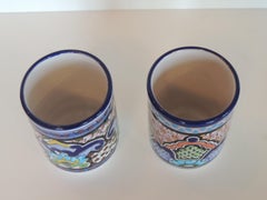 Pair of Hand Painted Blue and Green Ceramic Cups