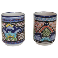Pair of Hand Painted Blue and Green Ceramic Cups