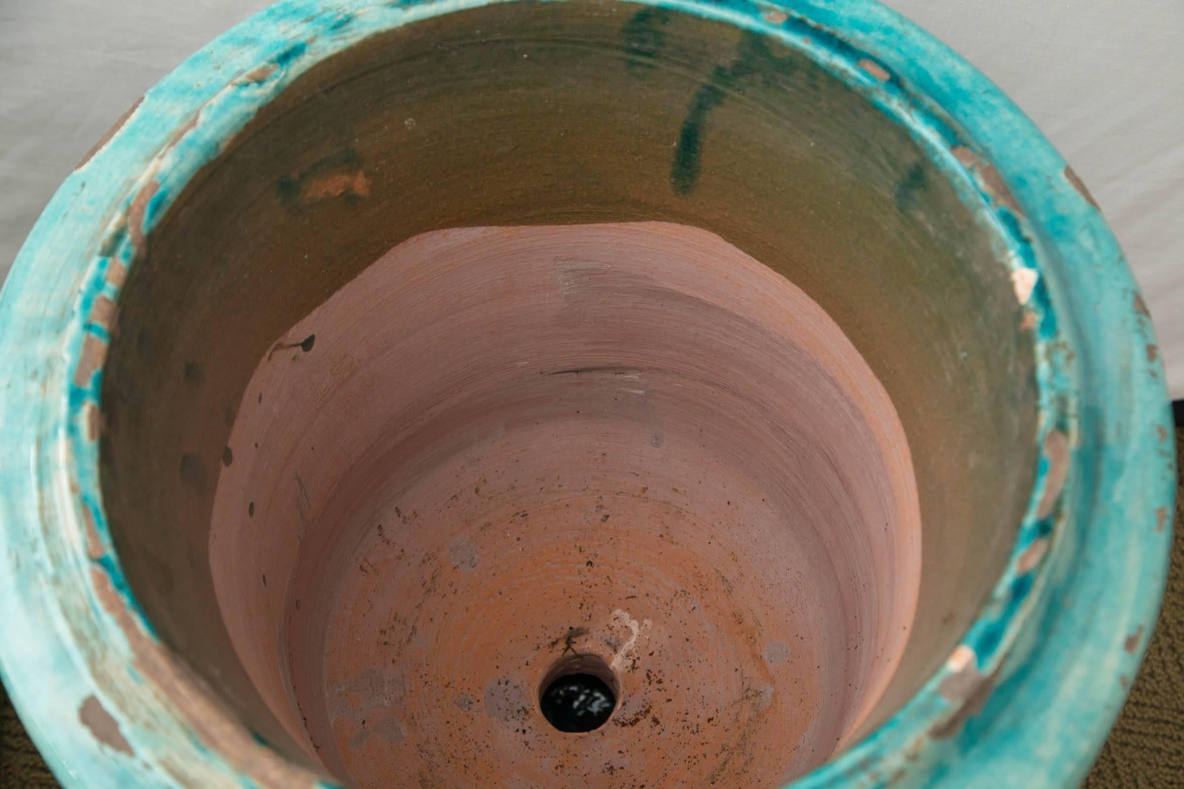 Pair of Hand-Painted Blue and Green Terracotta Planters 4