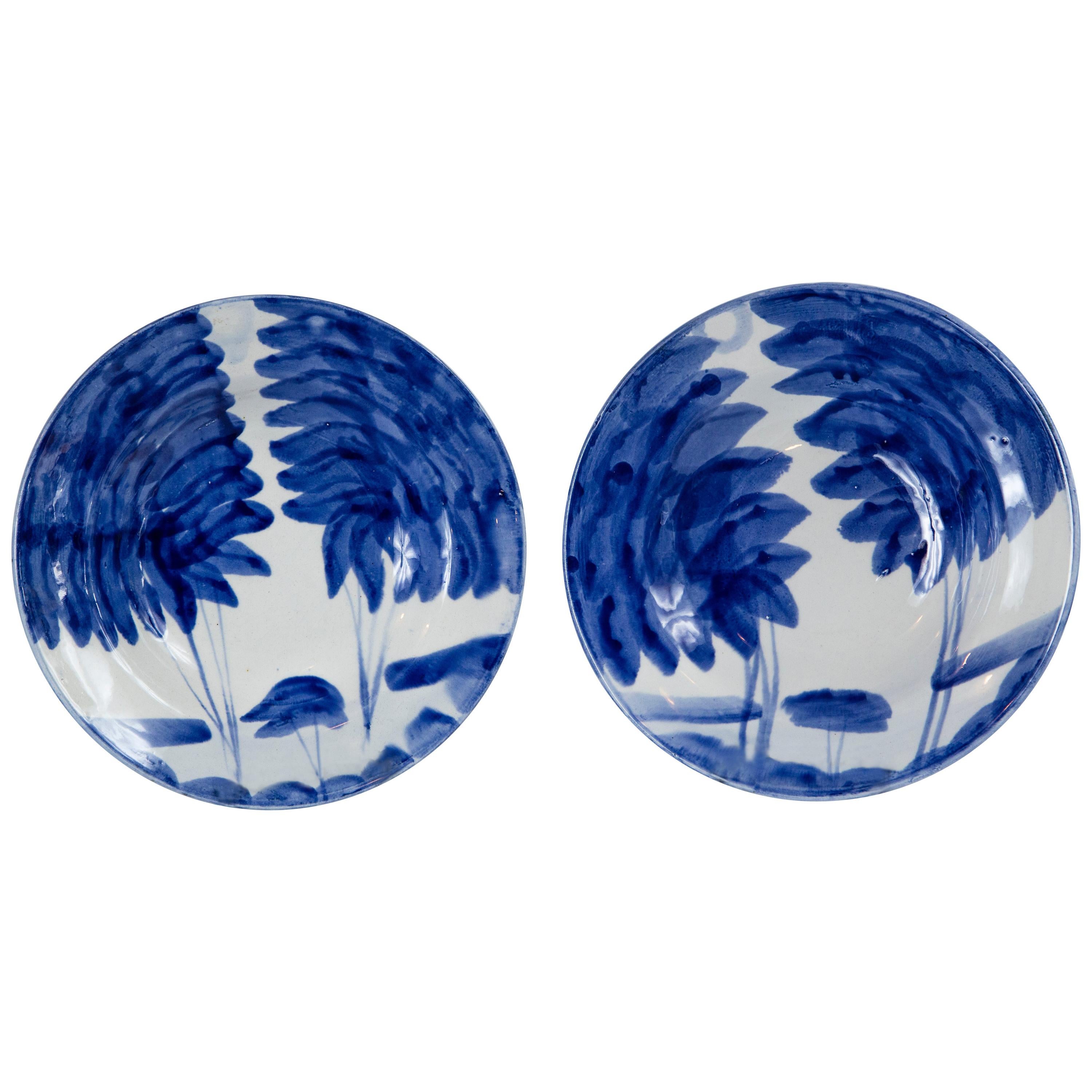 Pair of Hand Painted Blue and White Ceramic Bowls, Europe, Mid-20th Century