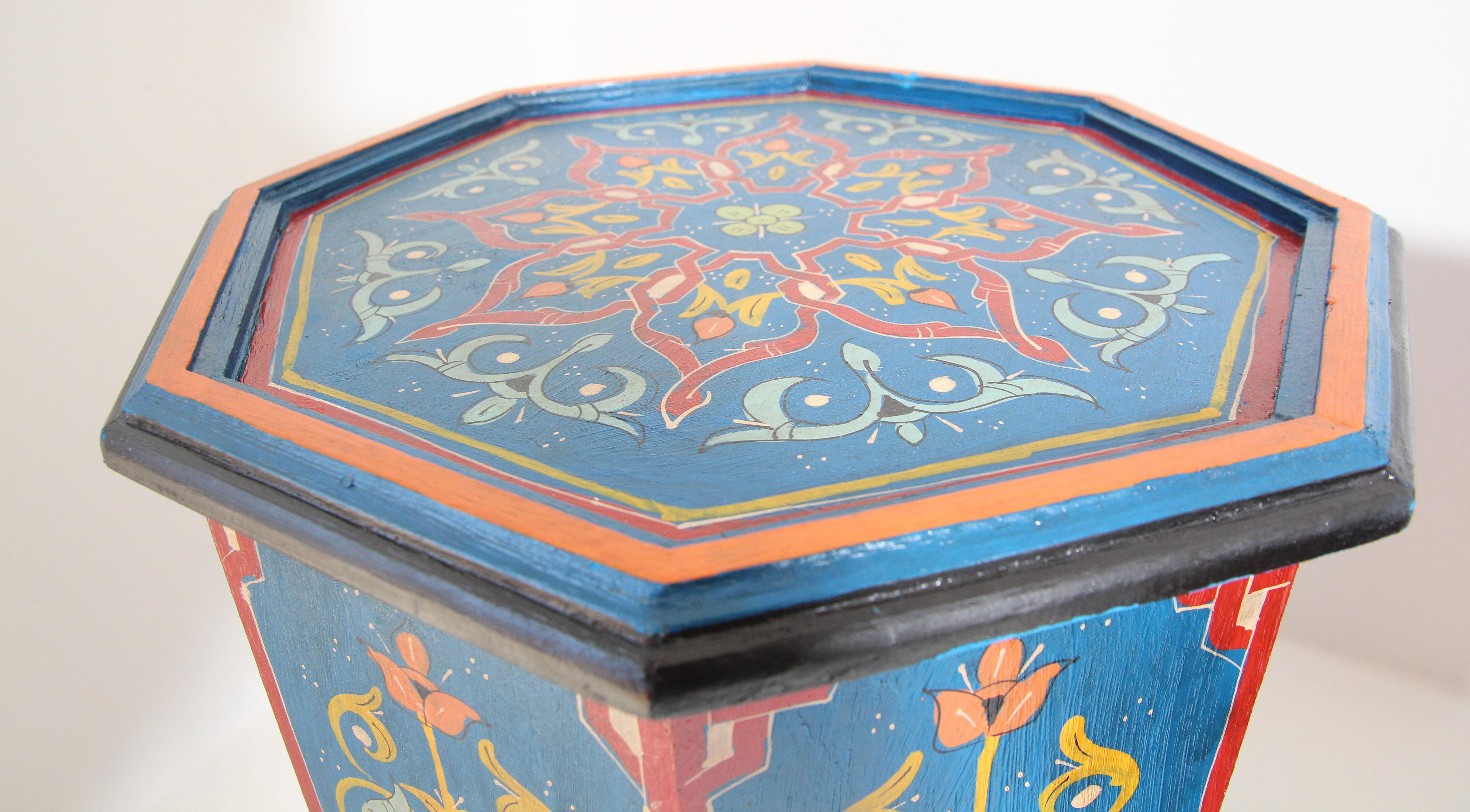 Pair of Hand Painted Blue Moroccan Pedestal Tables 4