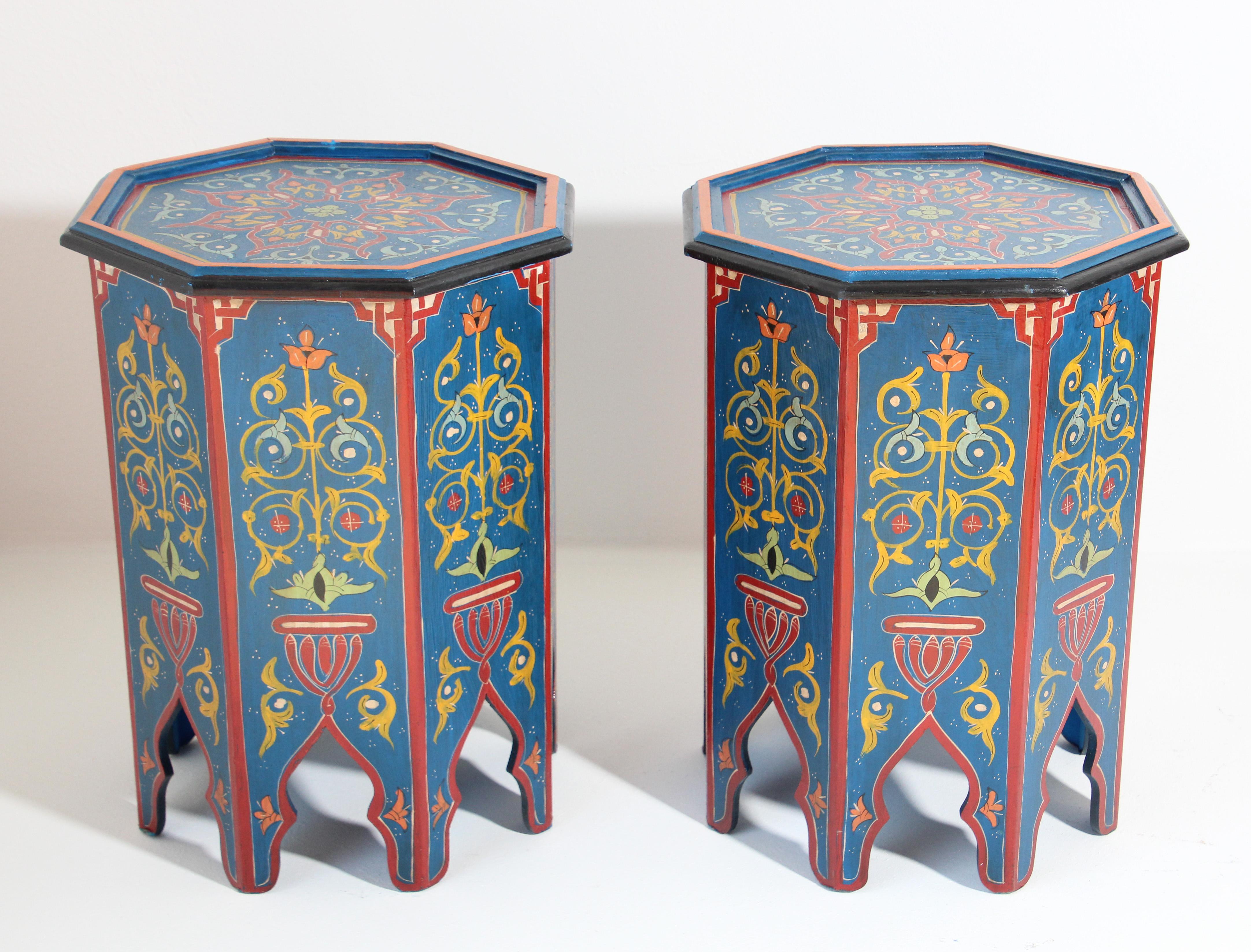 Pair of Moroccan handcrafted blue color hand painted tabourets or side tables.
Octagonal shape pedestal tables with Moorish arches.
Very decorative fine artwork in octagonal shape base.
You can use them as nightstand, stools, or side pedestal